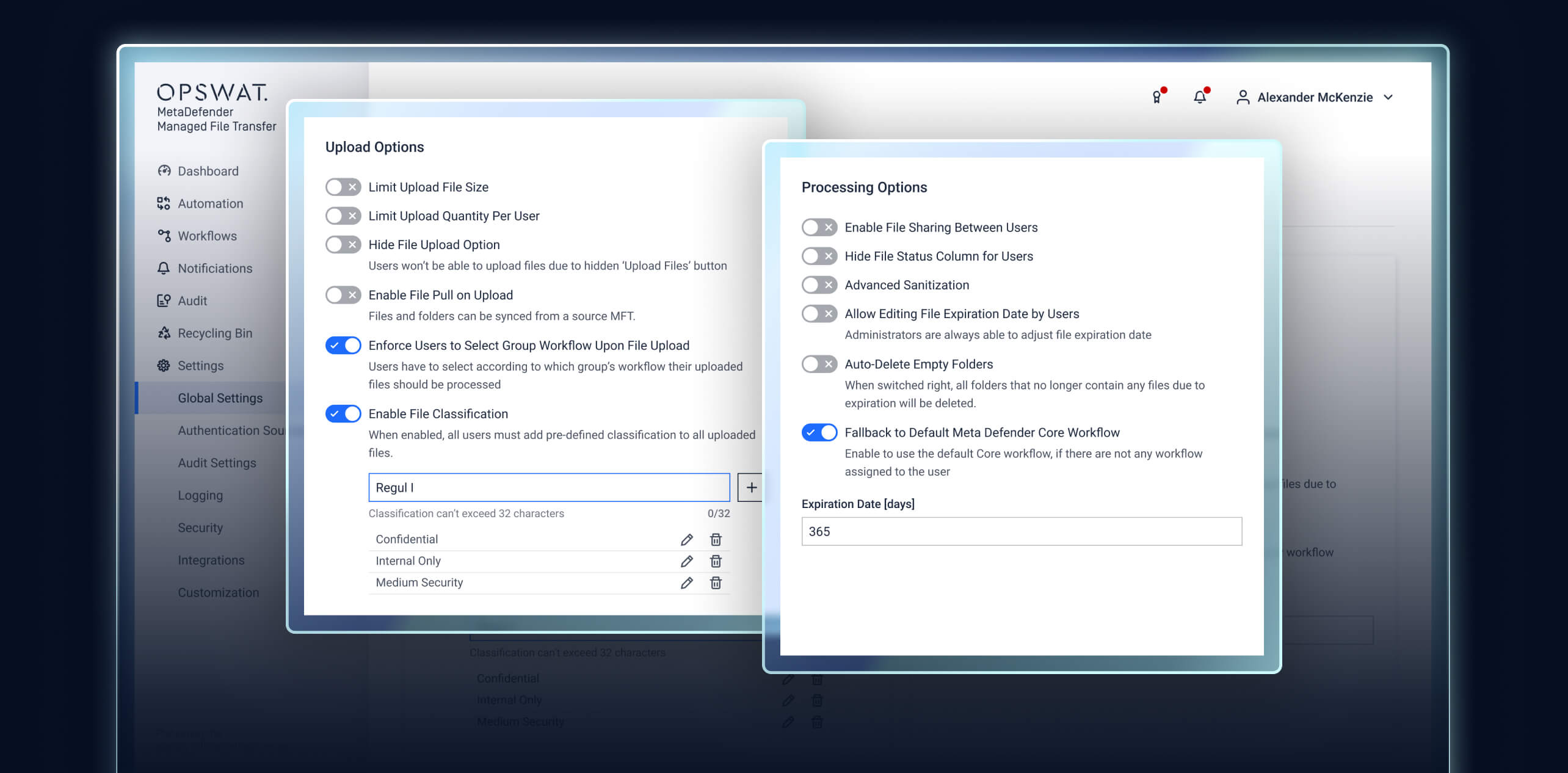 MetaDefender MFT 3.10.0 Update UI zeigt Dateiklassifizierung und Upload-Optionen für die Dateiverwaltung