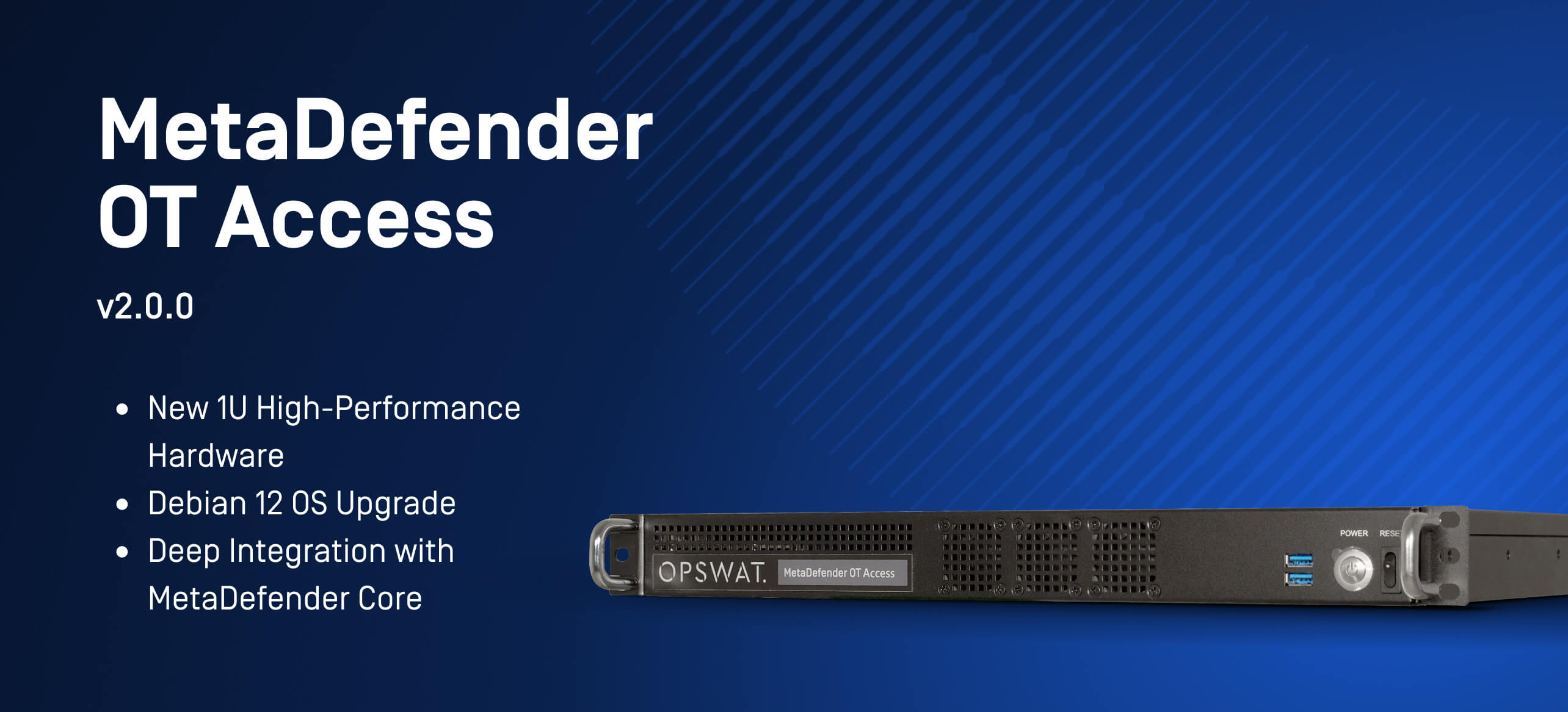 Mavi arka plan üzerinde öne çıkan özelliklere sahip MetaDefender OT Access v2.0.0 donanım cihazı