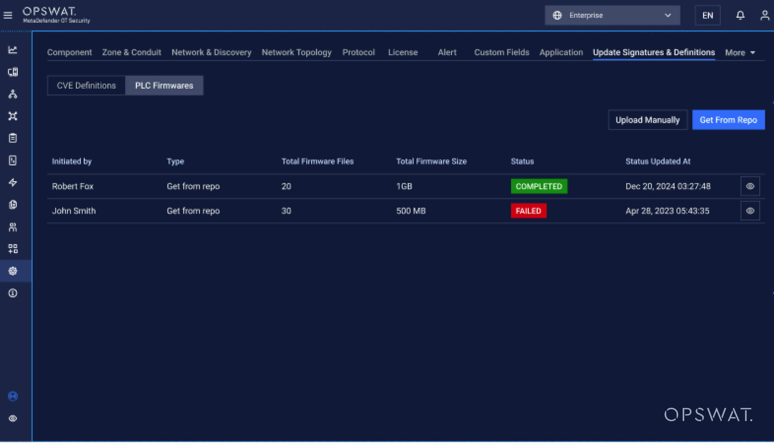 OPSWAT interfész, amely a firmware frissítés állapotát mutatja, jelezve a sikeres és sikertelen frissítéseket.
