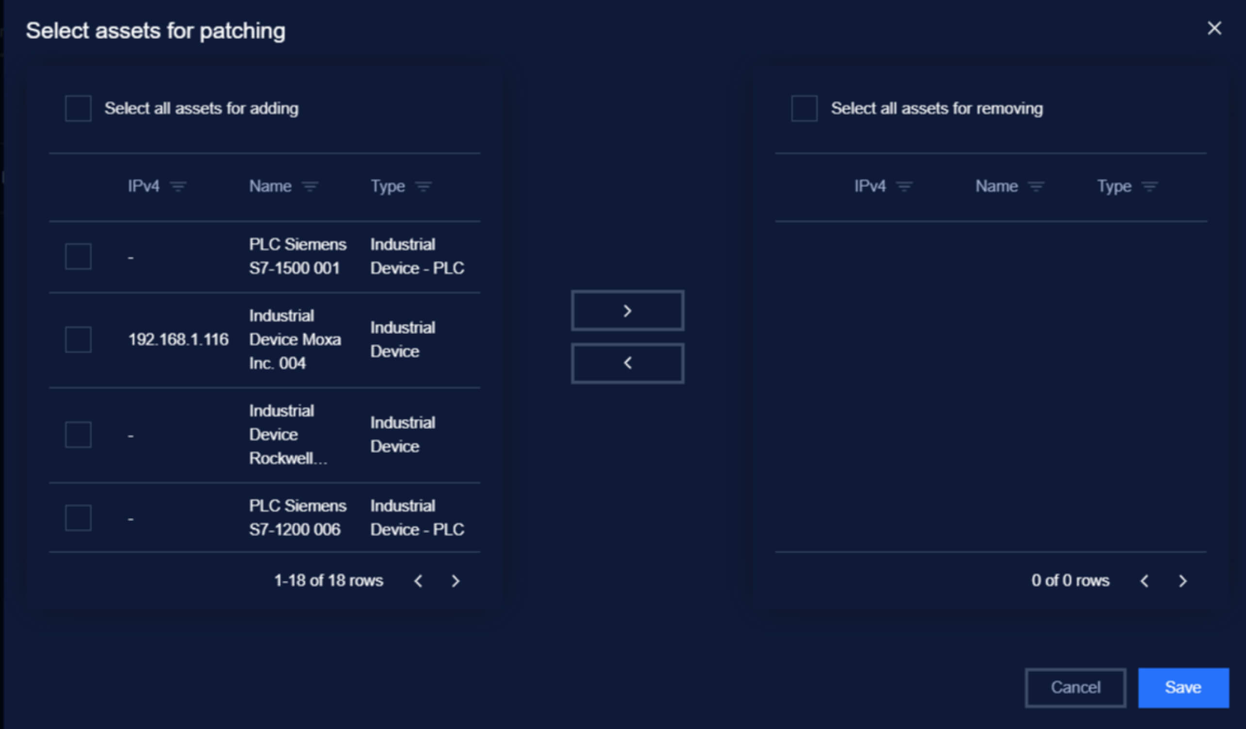 Ipari eszközeszközök kiválasztására szolgáló felület a foltozáshoz, az eszköznevek, típusok és IP-címek felsorolásával