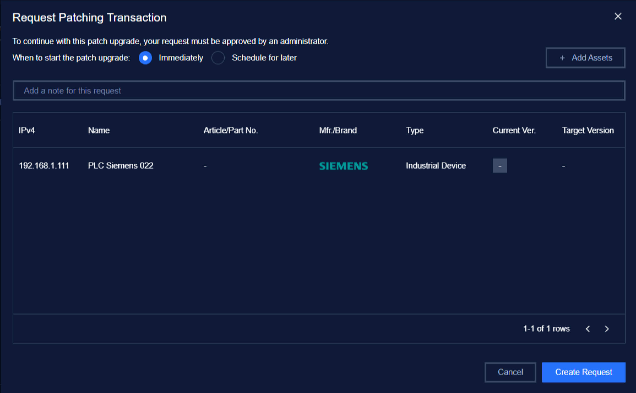 OPSWAT felhasználói felület, amely egy ipari eszköz javítási kérelmét jeleníti meg, az eszköz adatait és a javítás ütemezési lehetőségeit mutatva