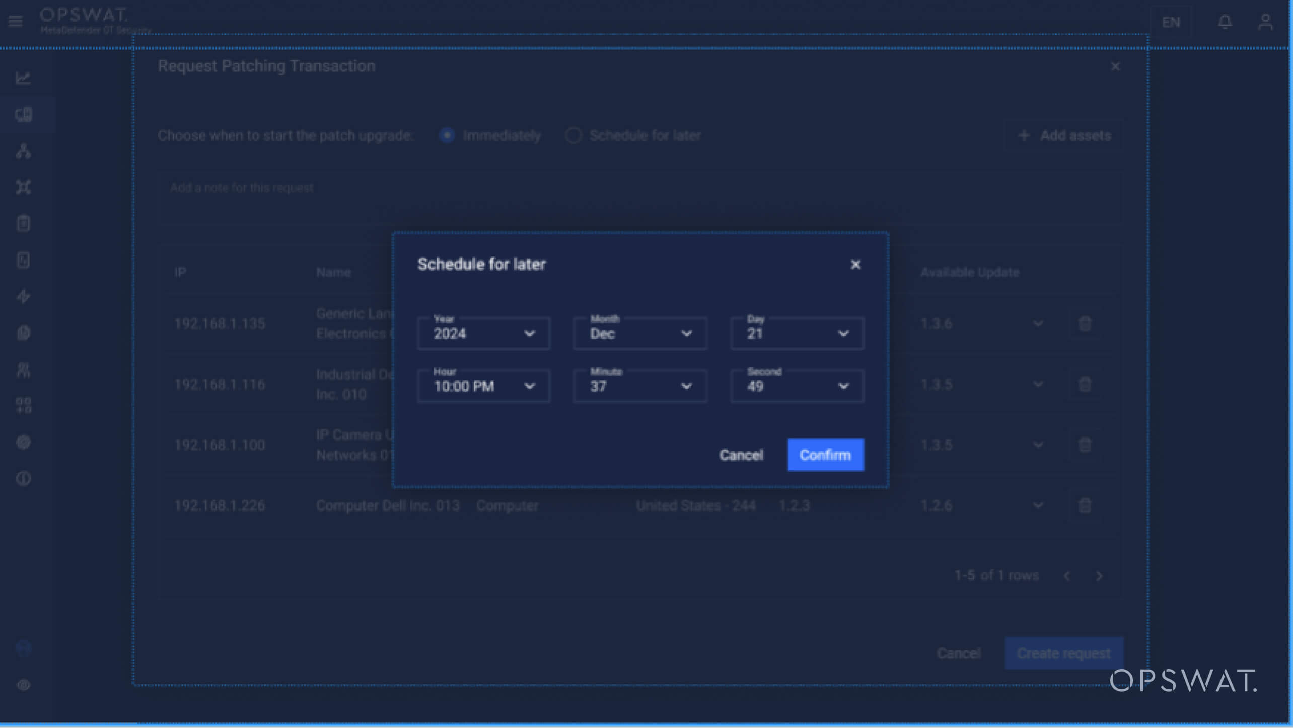 Sötét felhasználói felület, amely megerősíti az ütemezett javításfrissítést dátum és időpont kiválasztásával