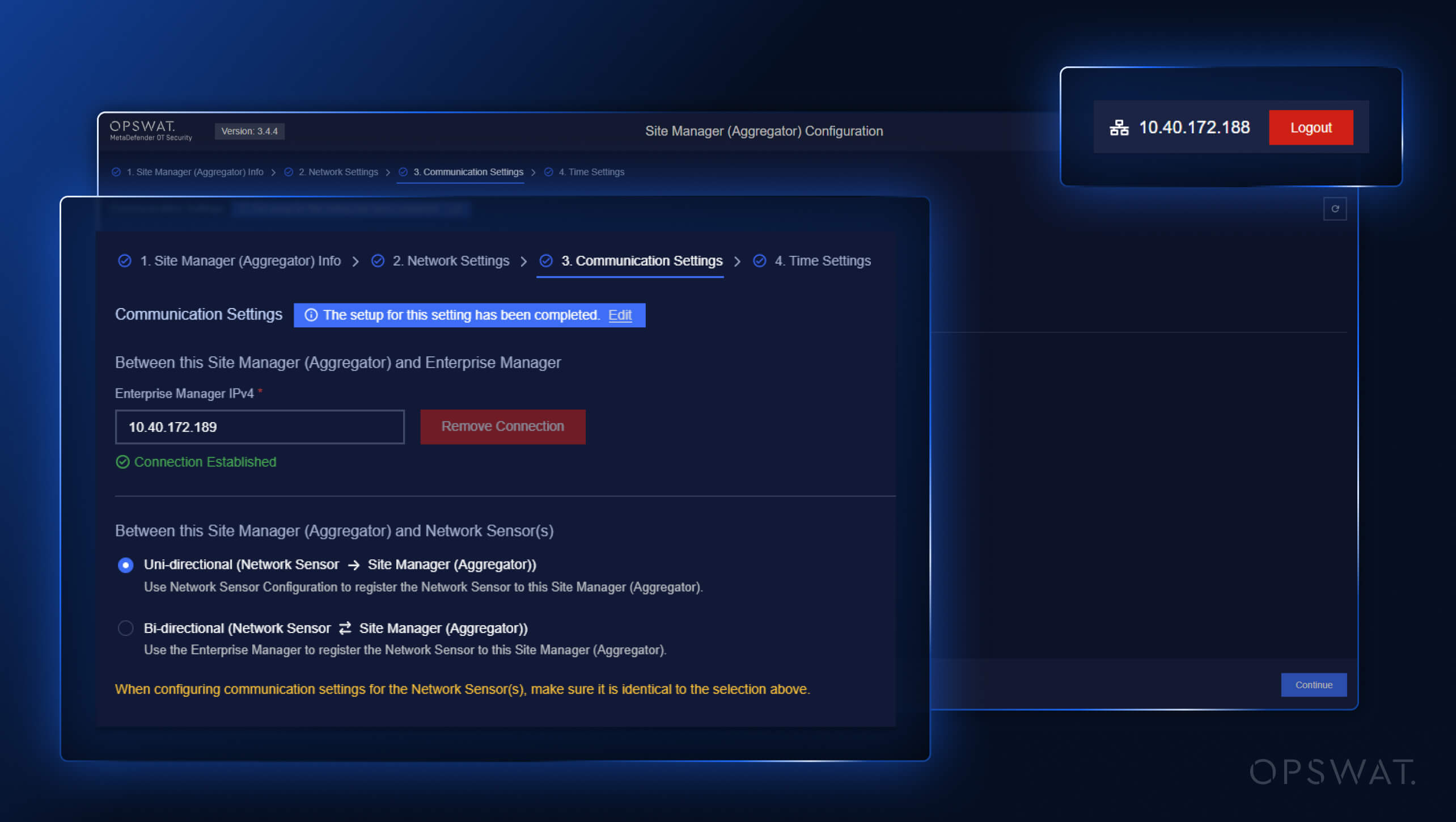 MetaDefender OT Security v3.4.5 felhasználói felület a telephely-menedzser és a hálózati érzékelők kommunikációs beállításainak megjelenítése