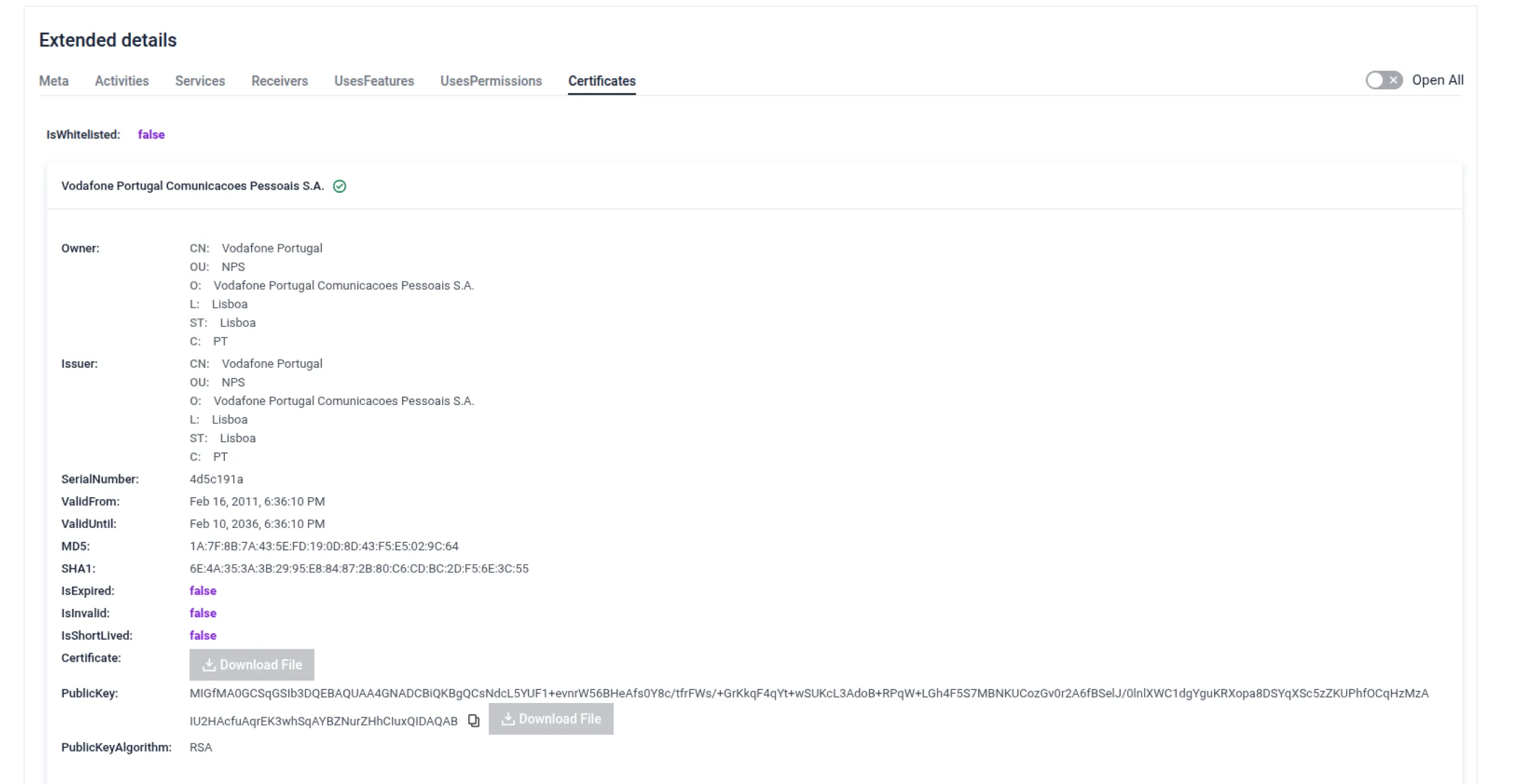 MetaDefender Sandbox 2.3.0 certificate details UI showing owner, issuer, validity, and cryptographic info