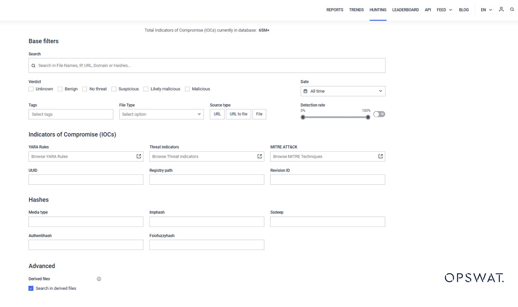 OPSWAT interface showing advanced filtering for Indicators of Compromise (IOCs) across files, URLs, and hashes
