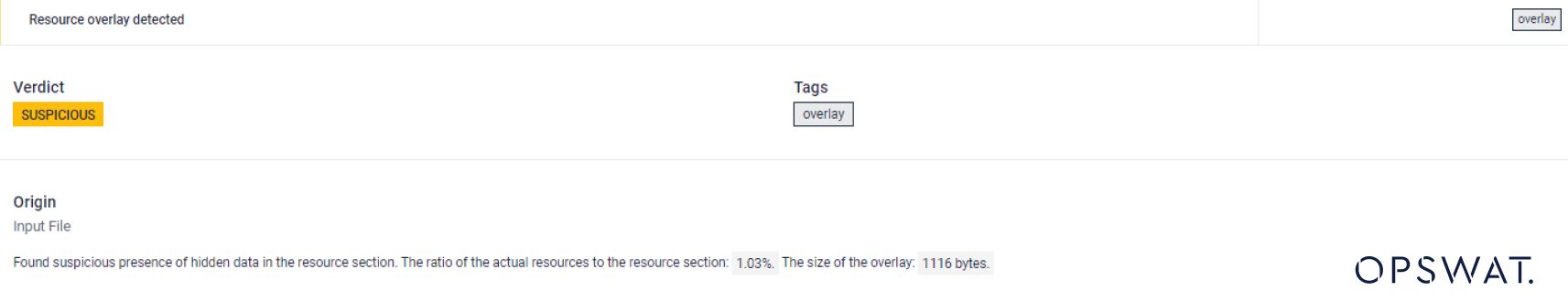 OPSWAT analysis flags a file as suspicious due to hidden data in its resource section
