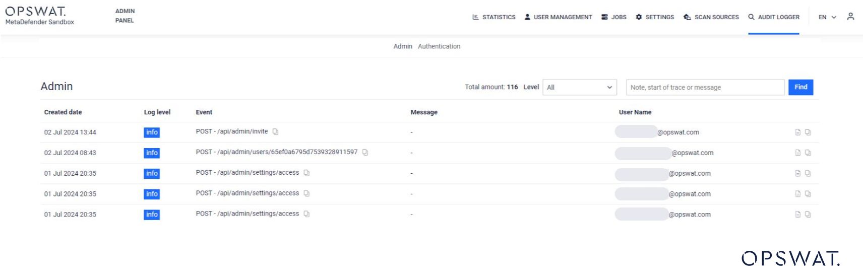 OPSWAT admin panel displaying log entries for system events, including user authentication activities