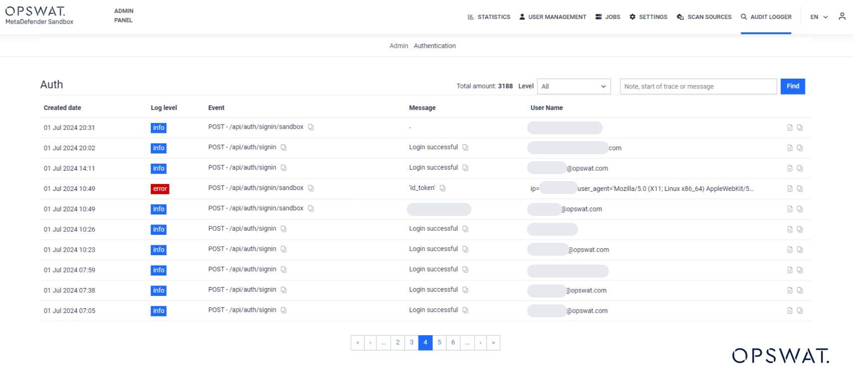 OPSWAT admin panel shows user login history, including successful and failed authentication attempts