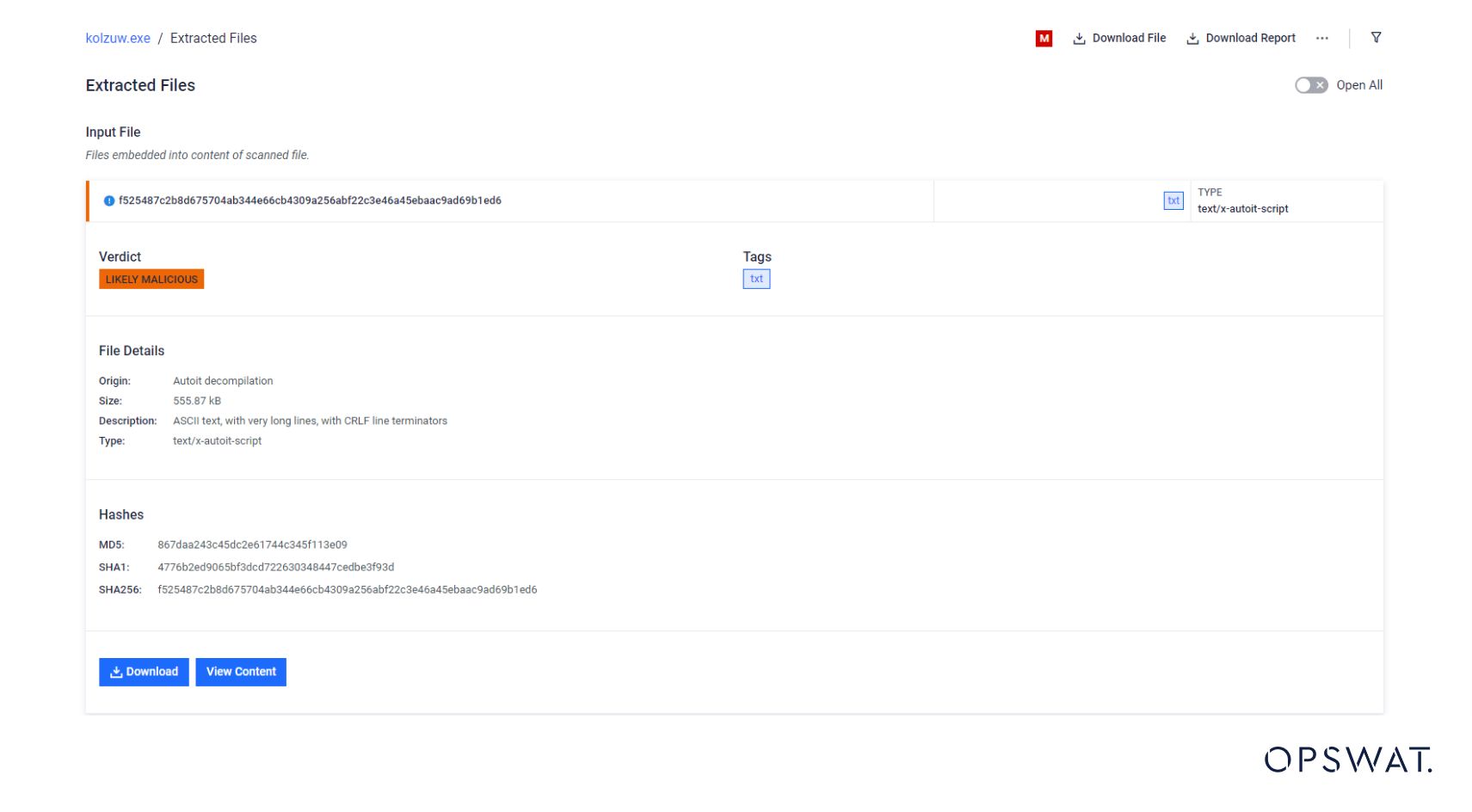 OPSWAT MetaDefender extracts and analyzes embedded files, assigning a likely malicious verdict