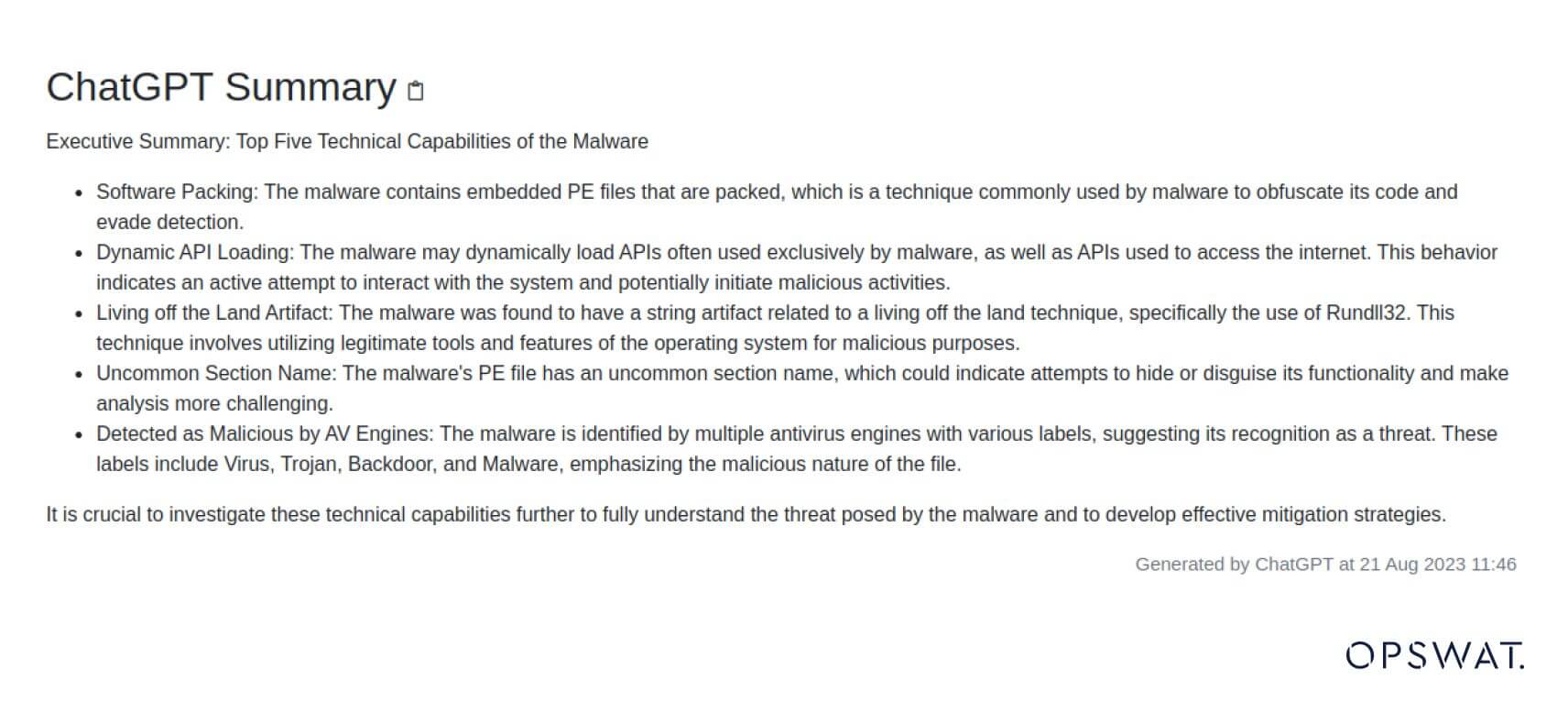 Screenshot der ChatGPT-Zusammenfassung der 5 wichtigsten Fähigkeiten der Malware