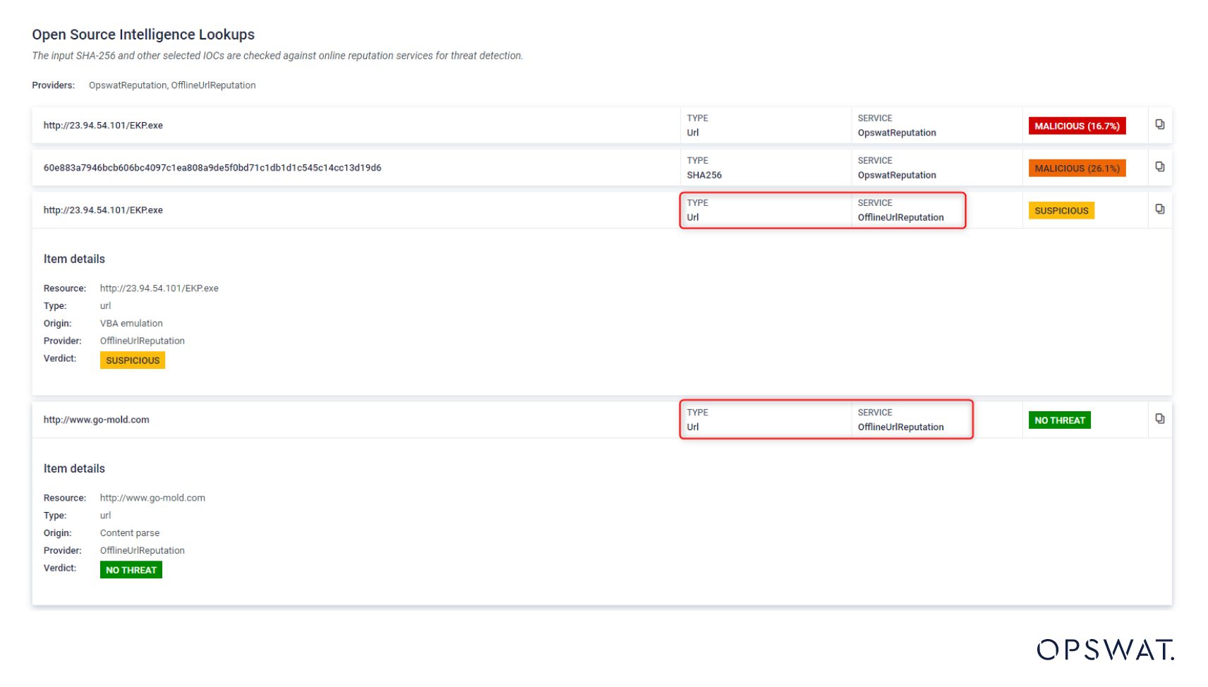 Screenshot der MetaDefender Sandbox URL Reputations- und Verdächtigungsergebnisse