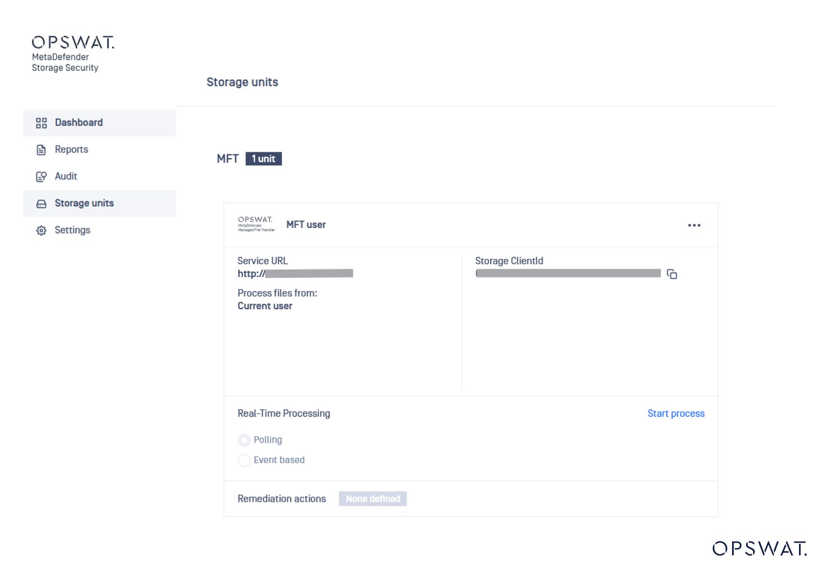 MetaDefender Storage Security  MFT kullanıcı ayarlarını, dosya işleme seçeneklerini ve düzeltme eylemlerini gösteren gösterge tablosu arayüzü