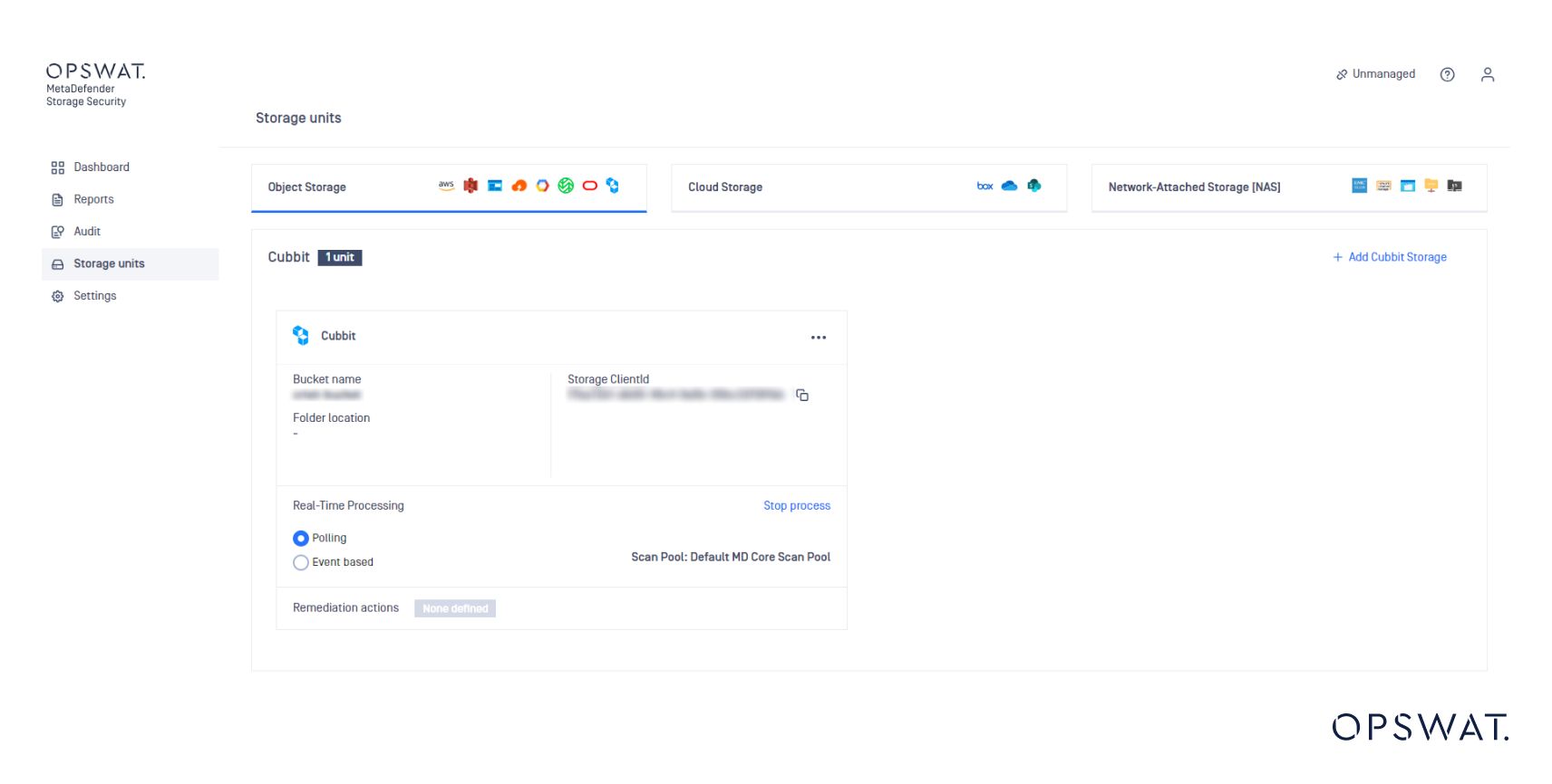 MetaDefender Storage Security gerçek zamanlı işleme ayarlarıyla nesne, bulut ve ağa bağlı depolama birimlerini vurgulayan yönetim arayüzü