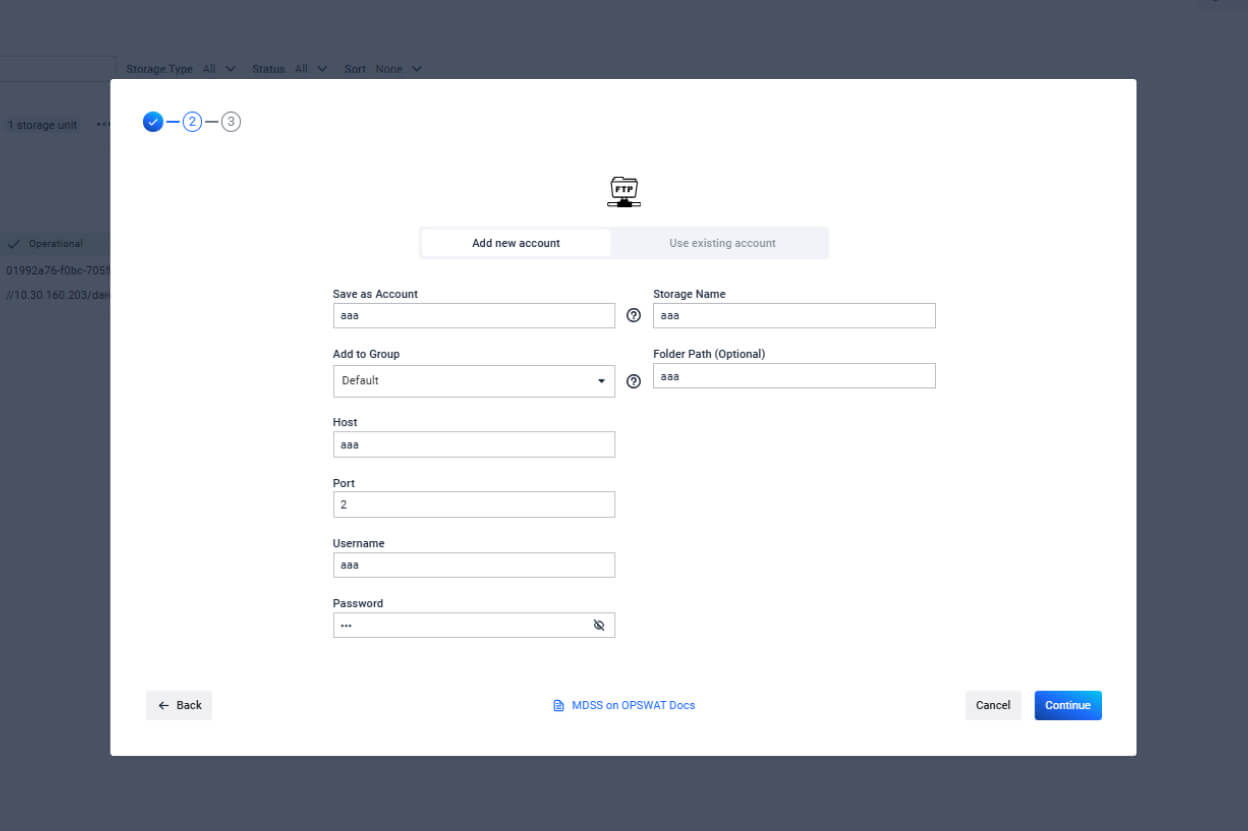 MetaDefender Storage Security 4.1.0 UI showing standardized account setup form for enterprise-grade deployment