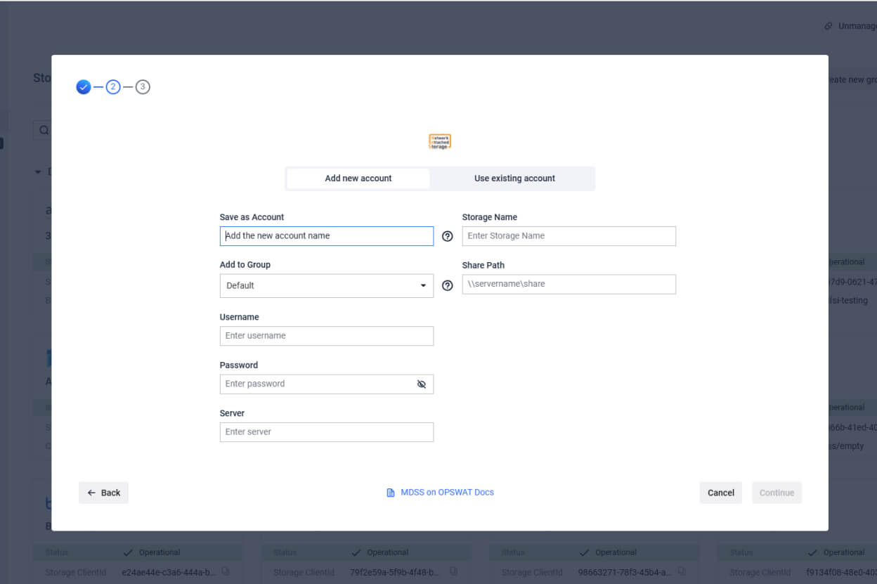 MetaDefender Storage Security 4.1.0 UI showing enterprise-grade account setup form with standardized interface elements