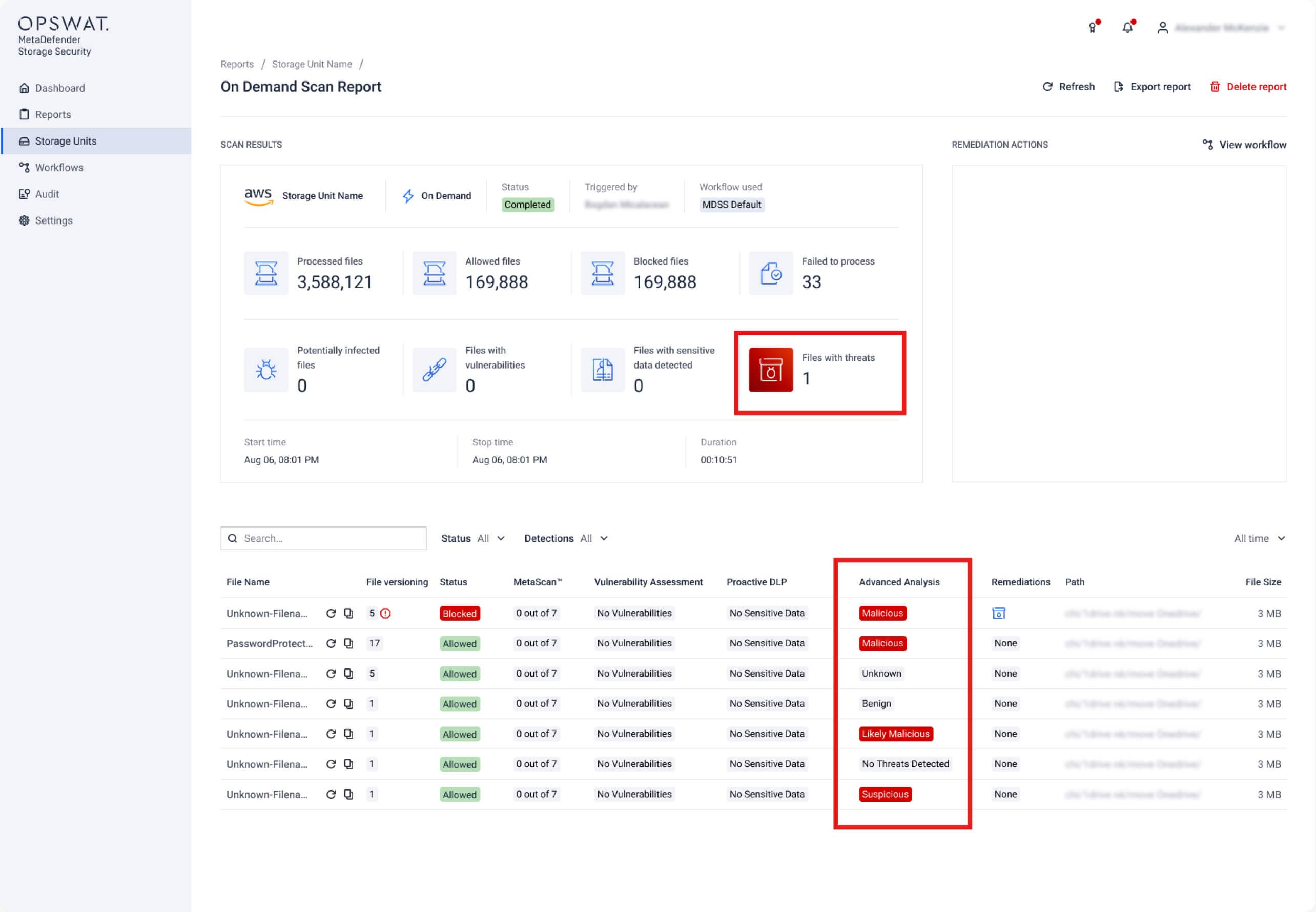 MetaDefender Storage Security 4.1.0 UI showing enterprise-grade sandbox analysis integration and threat detection results