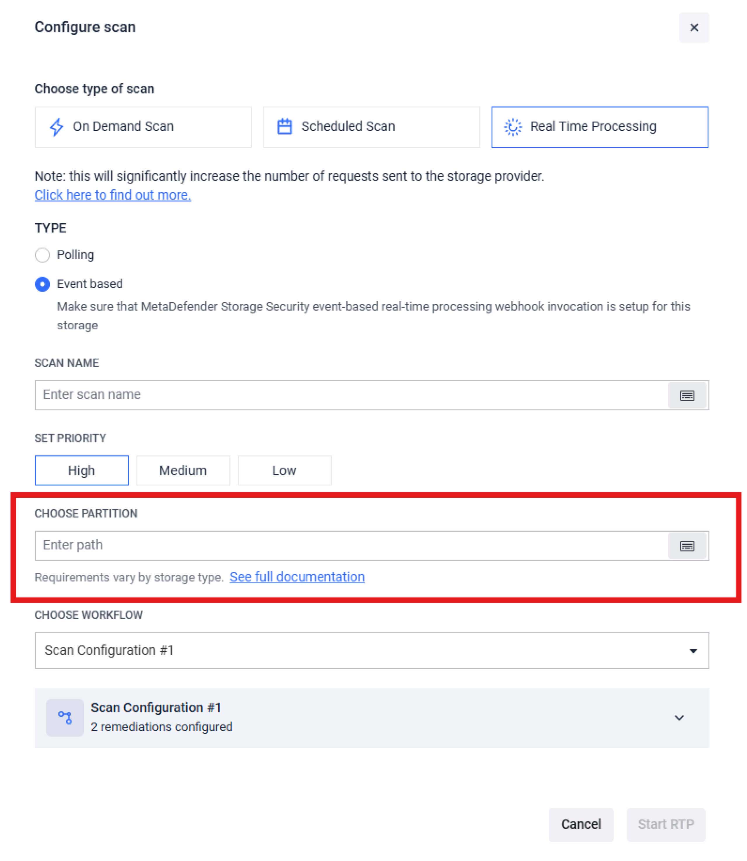MetaDefender Storage Security 4.1.0 UI for configuring real-time partition-based scan with enterprise-grade features