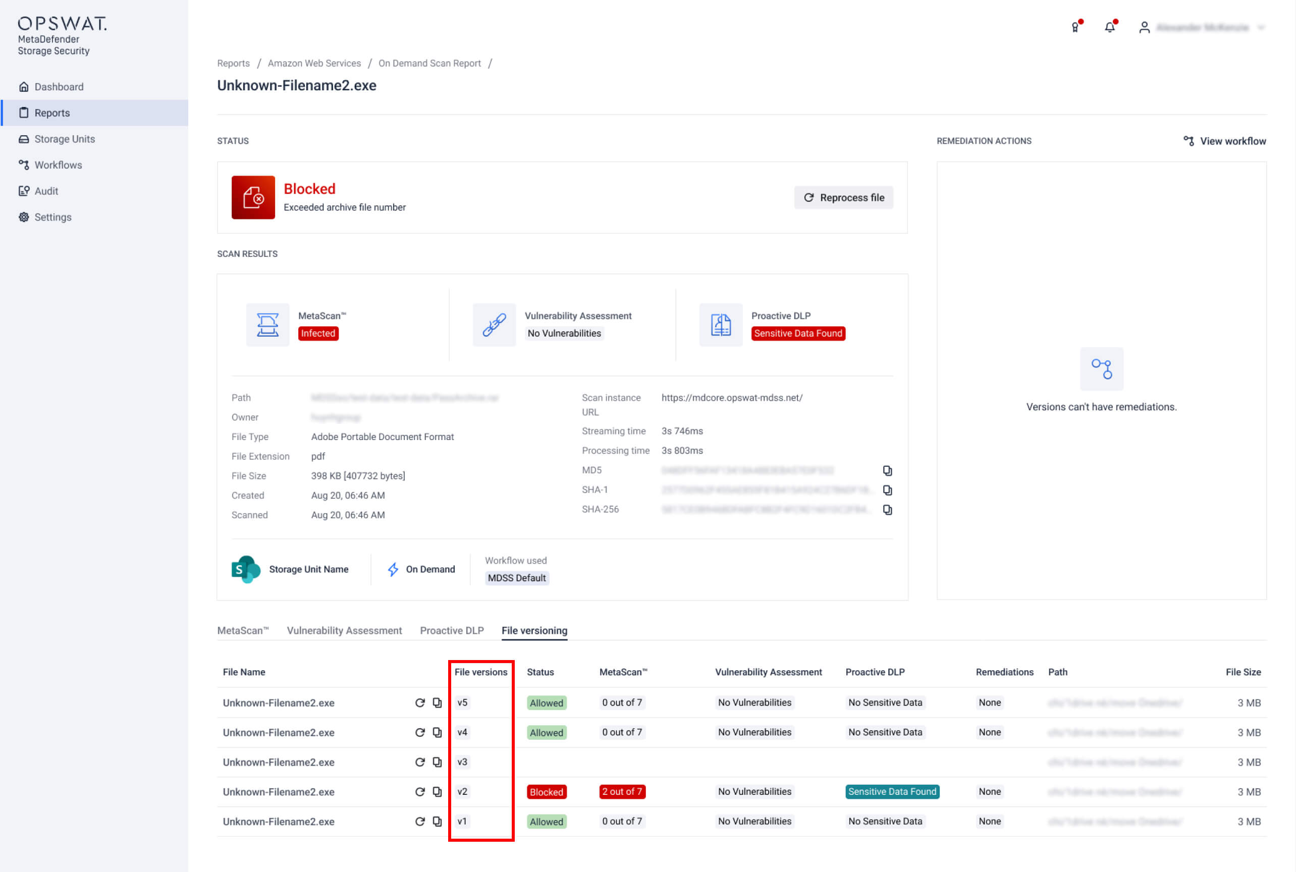MetaDefender Storage Security 4.1.0 UI showing SharePoint file version scanning with blocked and allowed statuses