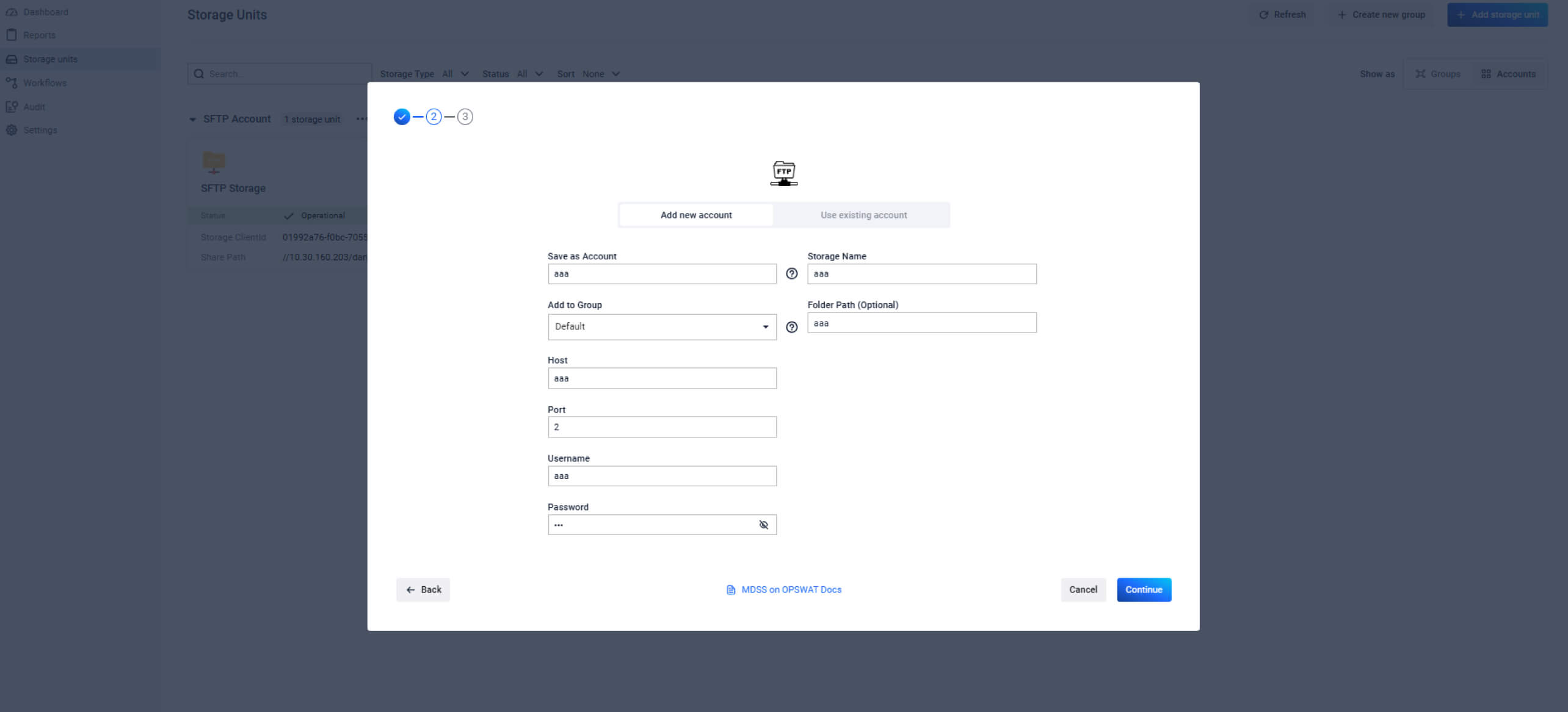 MetaDefender Storage Security 4.1.0 add storage unit screen showing enhanced protocol support options