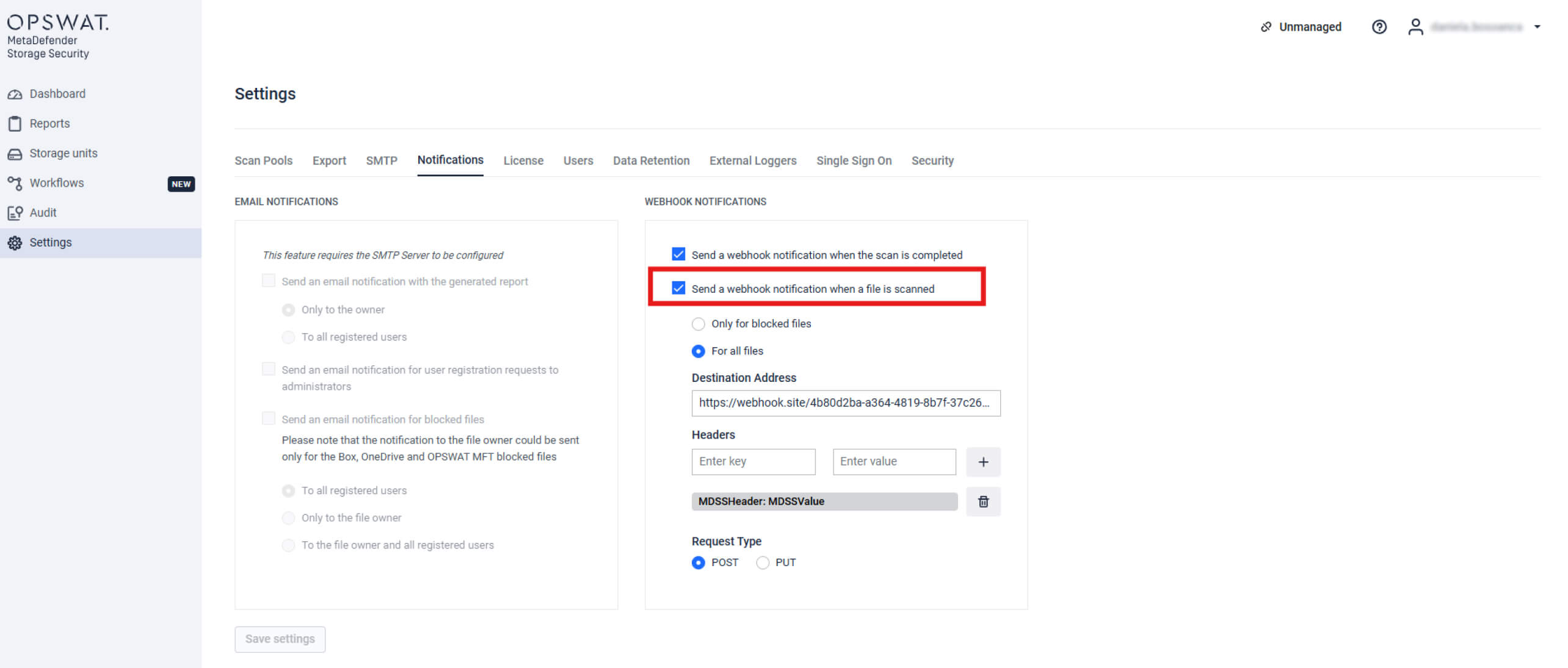 MetaDefender Storage Security 4.1.0 notifications settings showing webhook alerts for real-time file scan integration