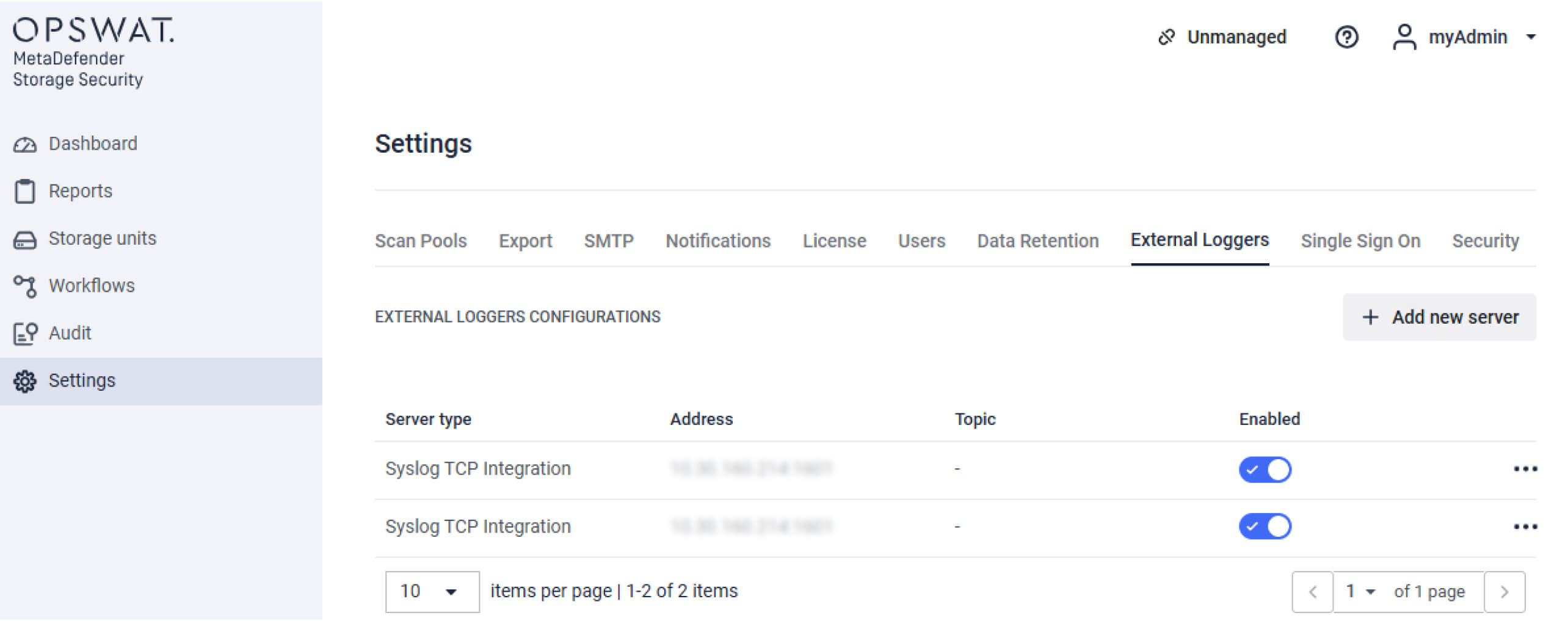 MetaDefender Storage Security 4.1.0 settings UI showing external loggers for enterprise-grade real-time security integration
