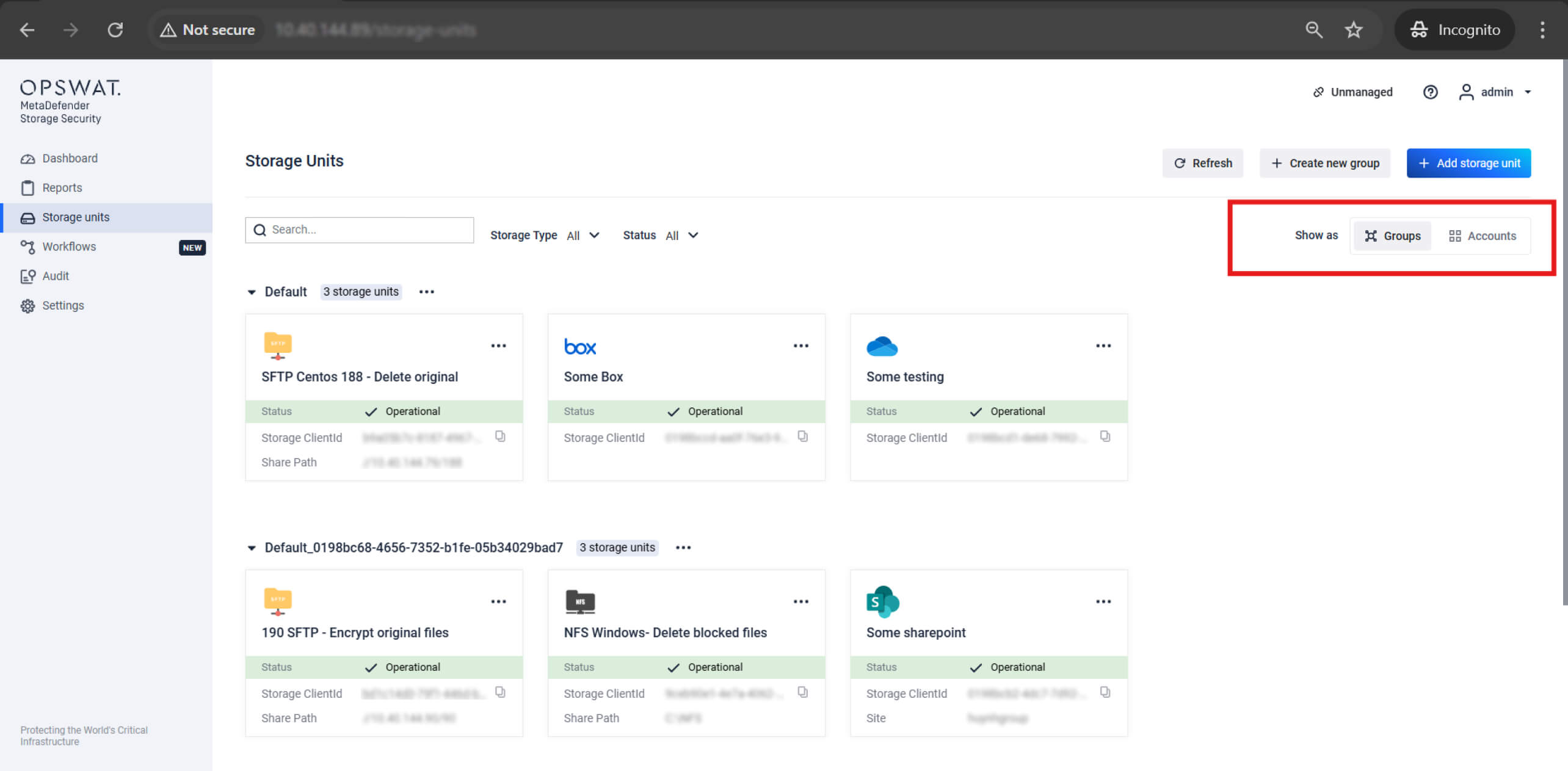 MetaDefender Storage Security 4.1.0 redesigned storage management interface showing storage units and operational status