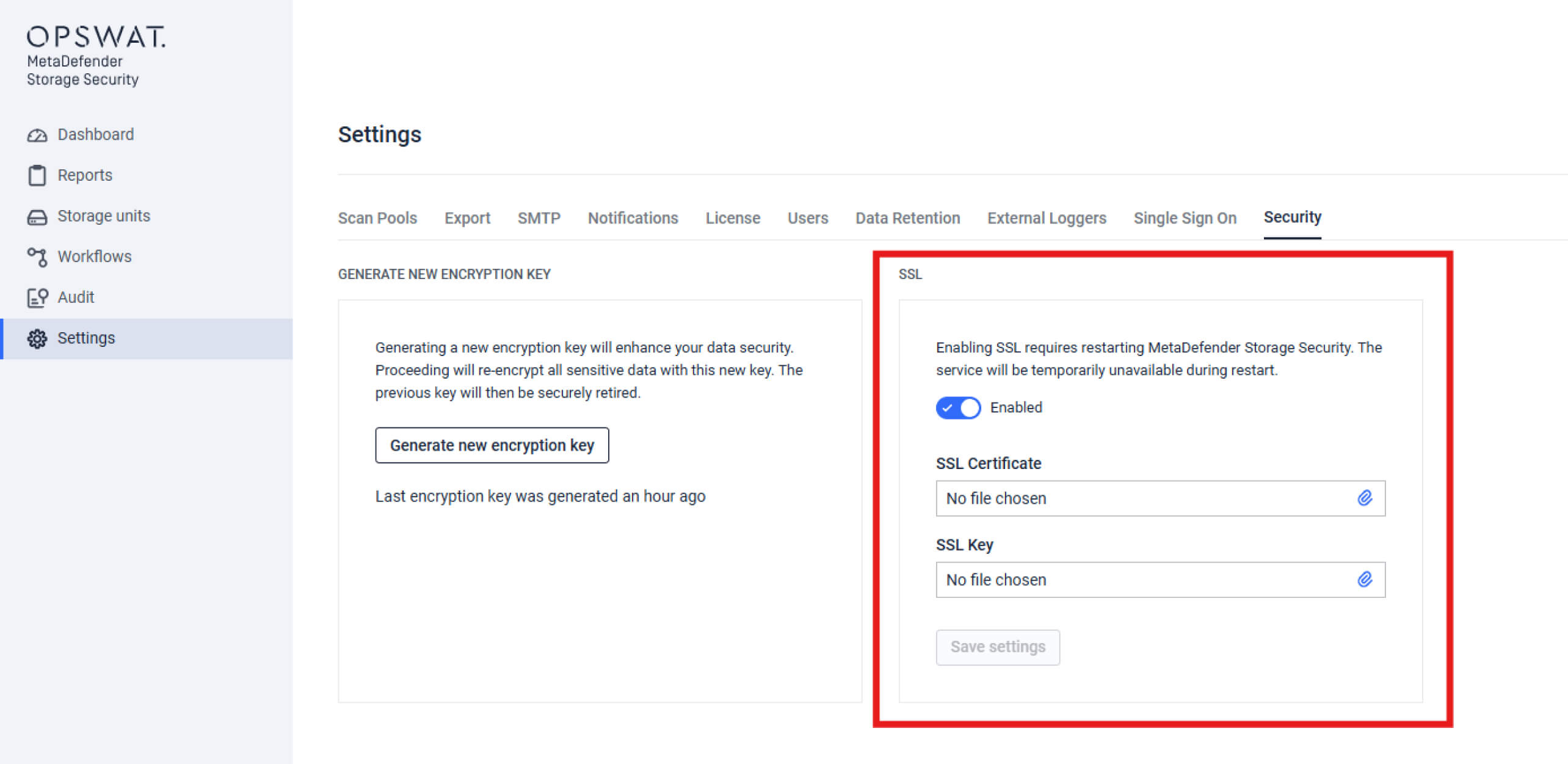 MetaDefender Storage Security 4.1.0 settings screen showing SSL and encryption key configuration options