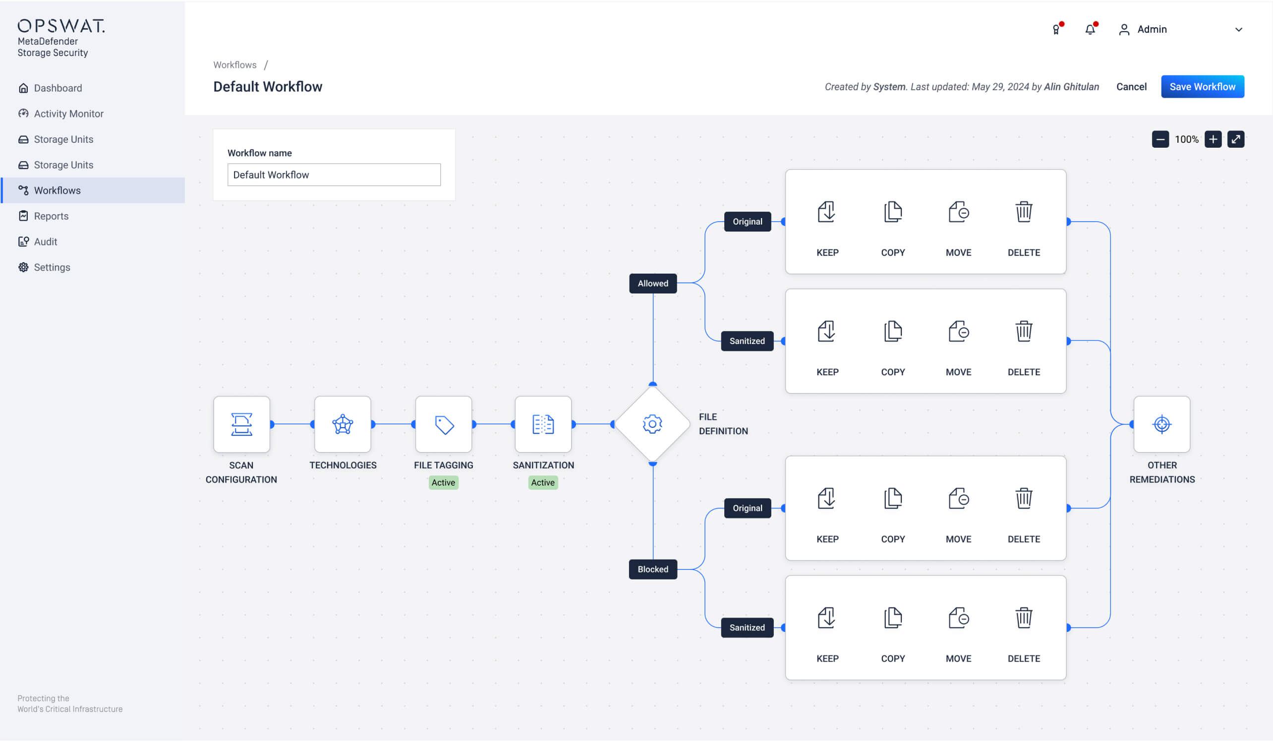 MetaDefender Storage Security v4.0 workflow UI showing customizable file security automation and database migration options