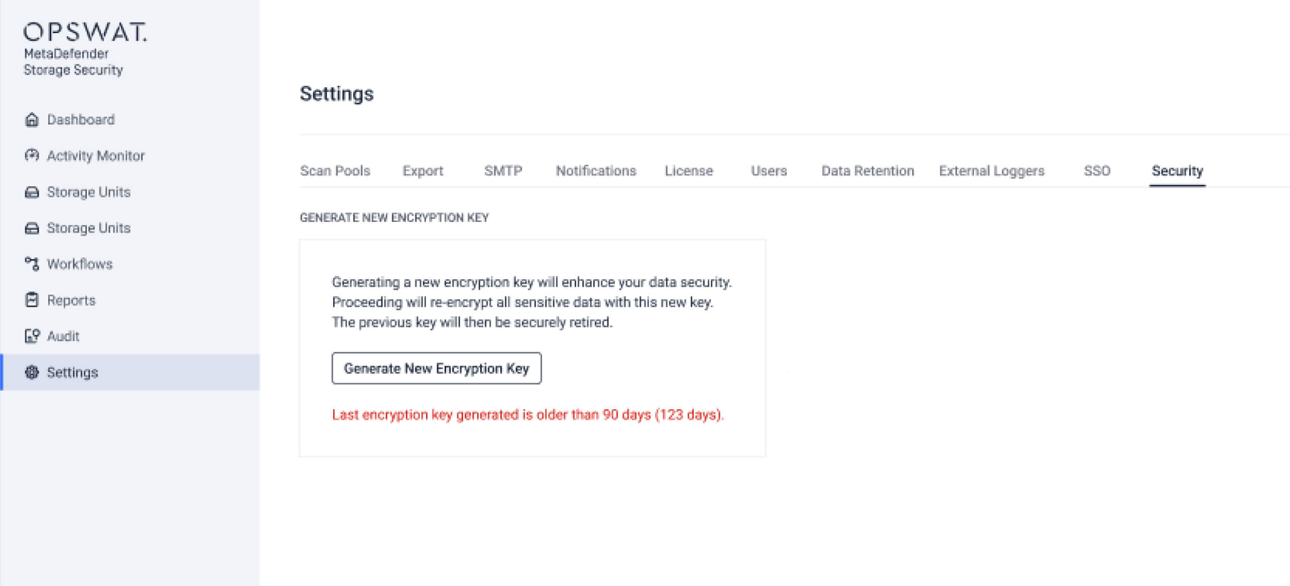 MetaDefender Storage Security v4.0 settings screen showing encryption key management for database migration and workflow automation
