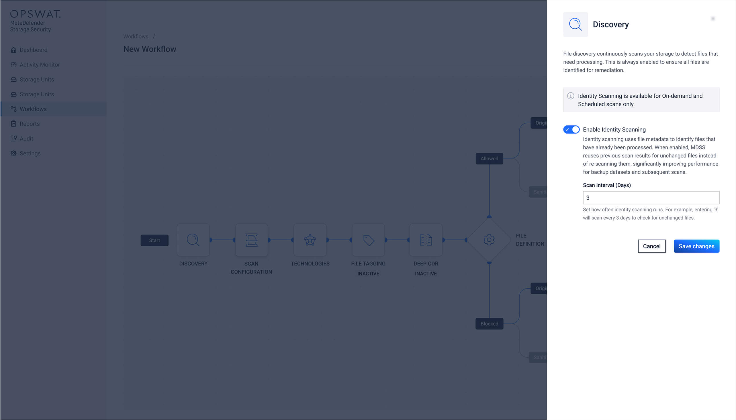 MetaDefender Storage Security .2.0 felhasználói felület, amelyen látható az identitás-ellenőrzési funkció és a felhőintegrációhoz szükséges ellenőrzési intervallum beállításai