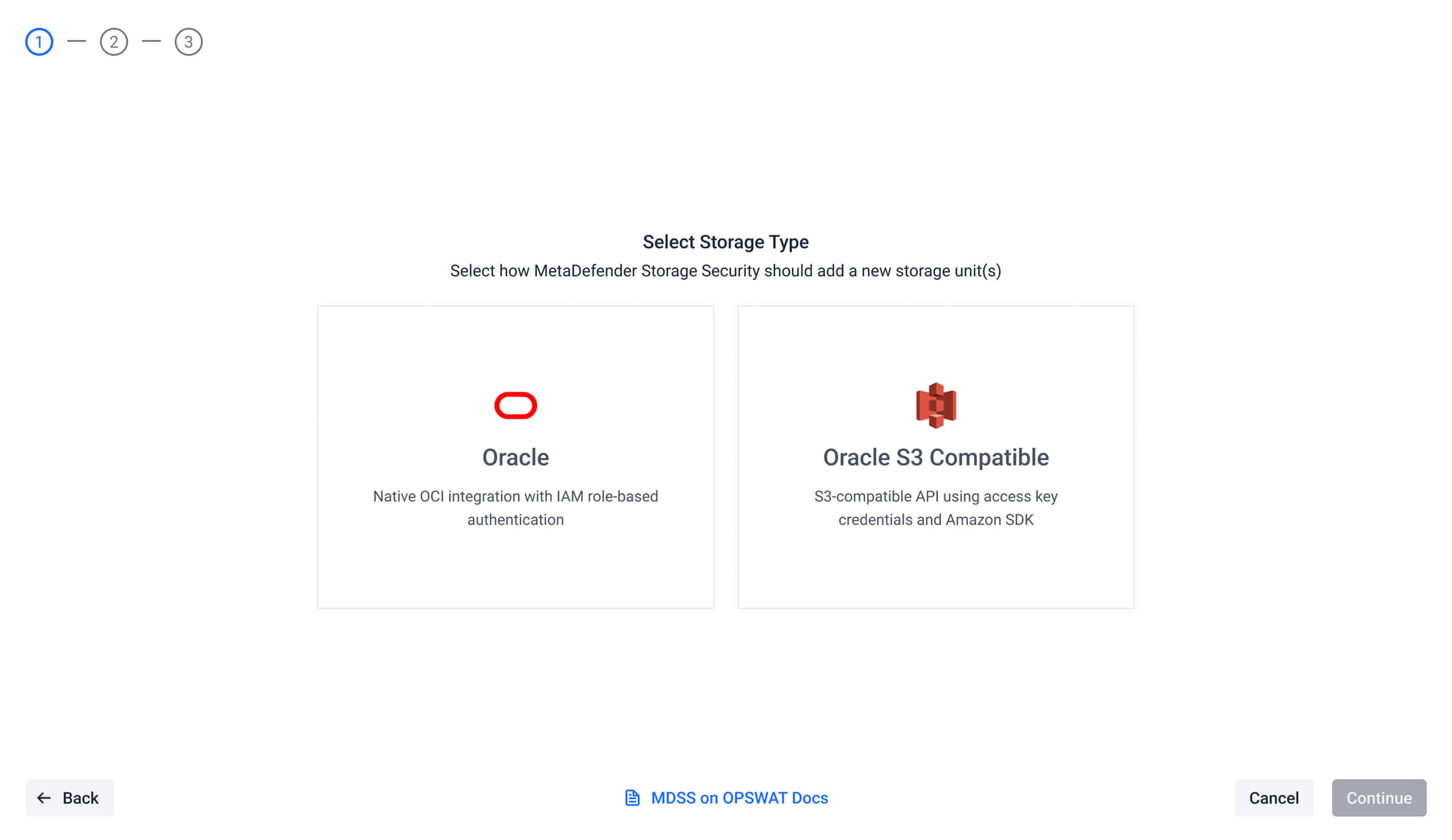 MetaDefender Storage Security .2.0 tárolási típus kiválasztási képernyő, amelyen az Oracle és az S3 felhőintegrációs opciók láthatók