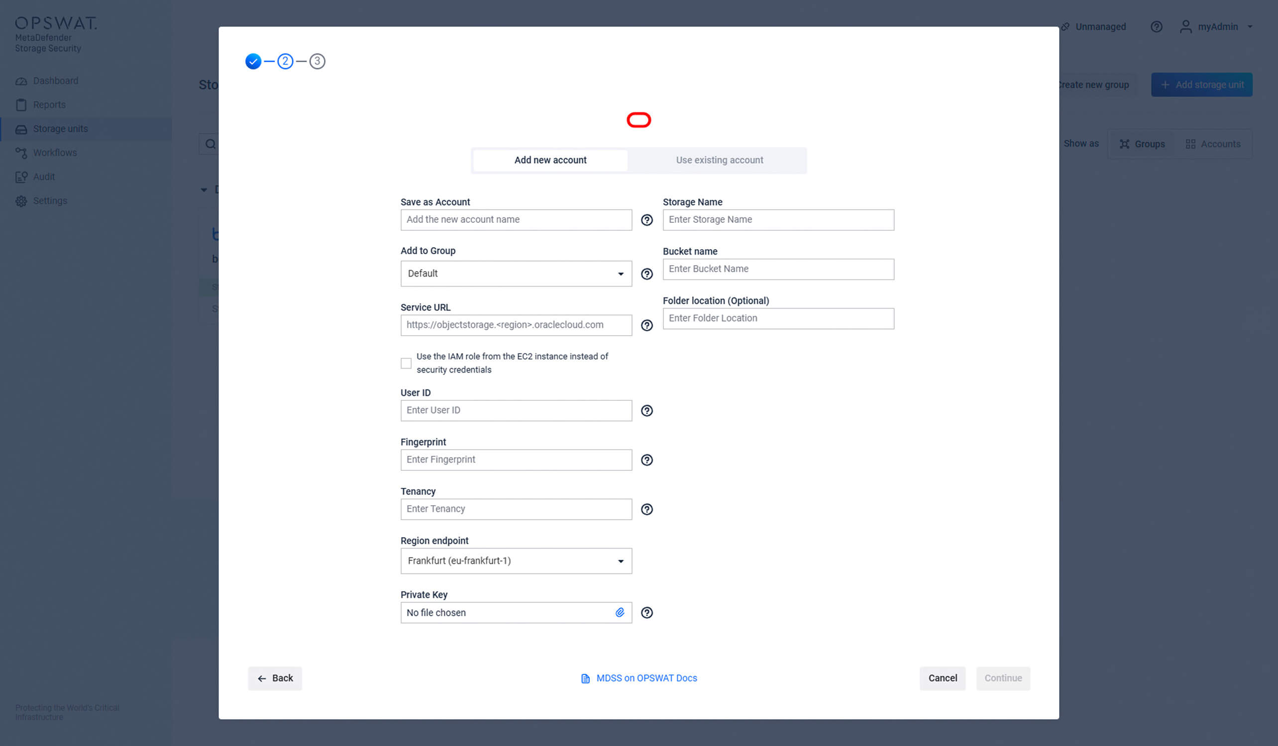 MetaDefender Storage Security .2.0 Oracle Object Storage integrációs űrlap felhőfiók beállítási mezőkkel