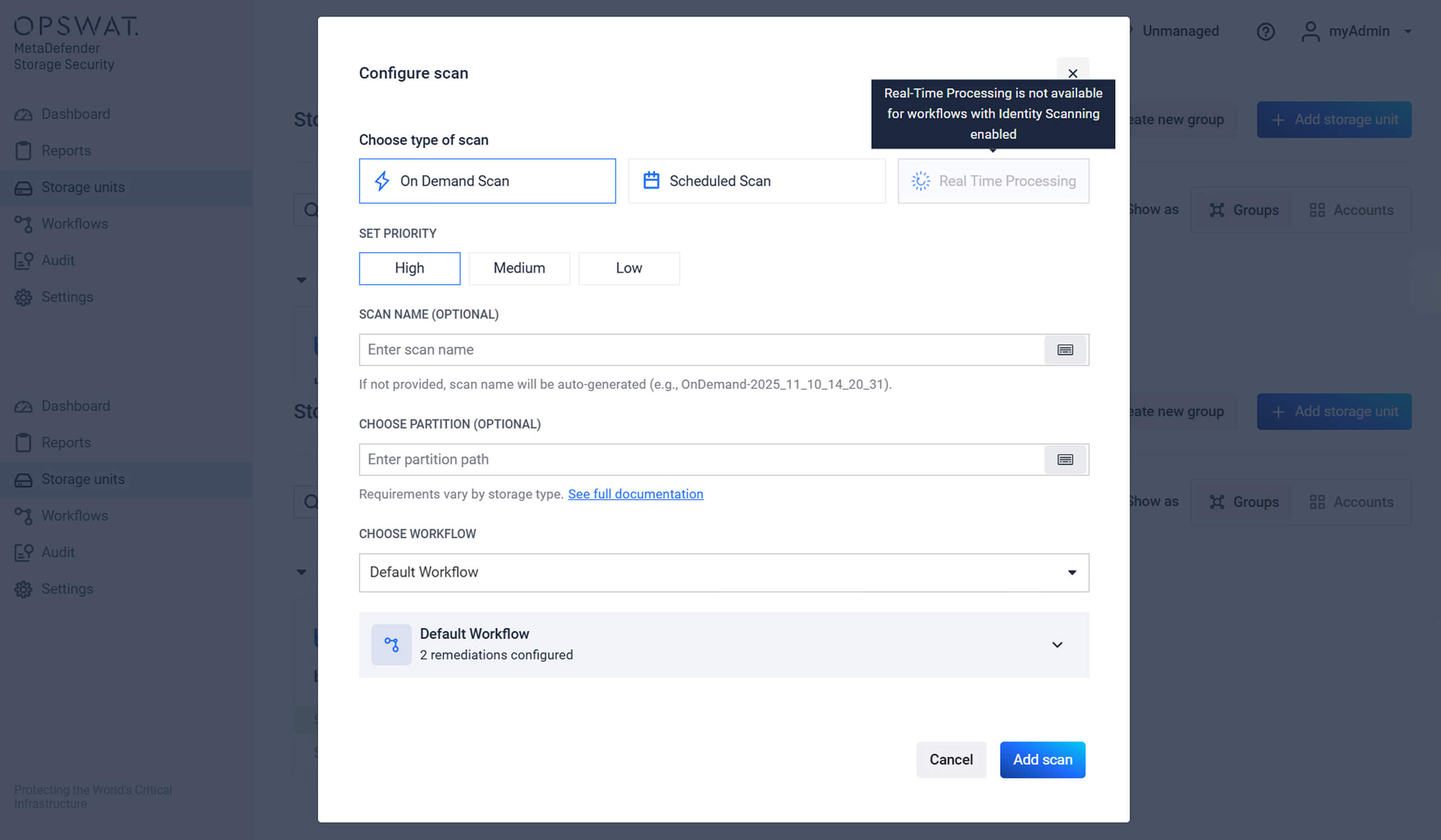MetaDefender Storage Security .2.0 szkennelési konfigurációs képernyő, amely az identitás-szkennelési és felhőintegrációs opciókat mutatja