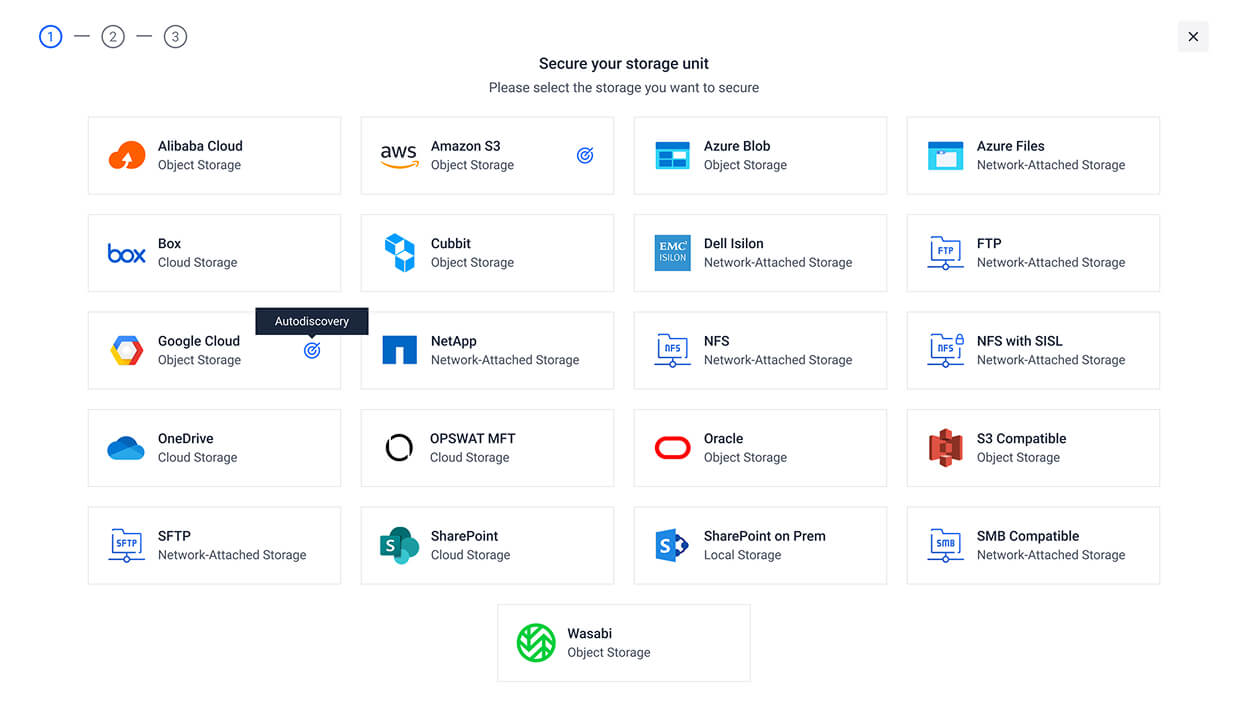 MetaDefender Storage Security .2.0 felhasználói felület, amely a Google Cloud Autodiscovery kiemelt felhőalapú tárolási lehetőségeket mutatja