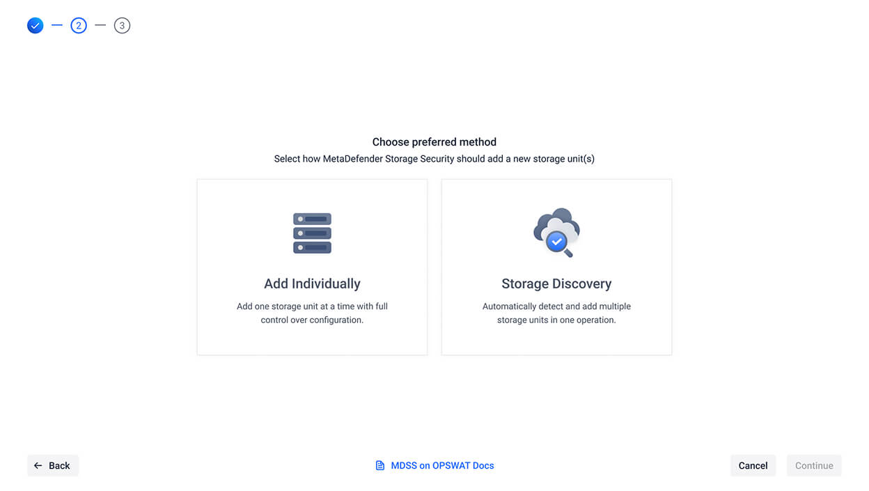 MetaDefender Storage Security .2.0 felhasználói felület, amelyen láthatók a tárolóegységek egyenkénti hozzáadásának vagy a GCP felhőalapú tárolóegységek felderítésén keresztül történő hozzáadásának lehetőségei