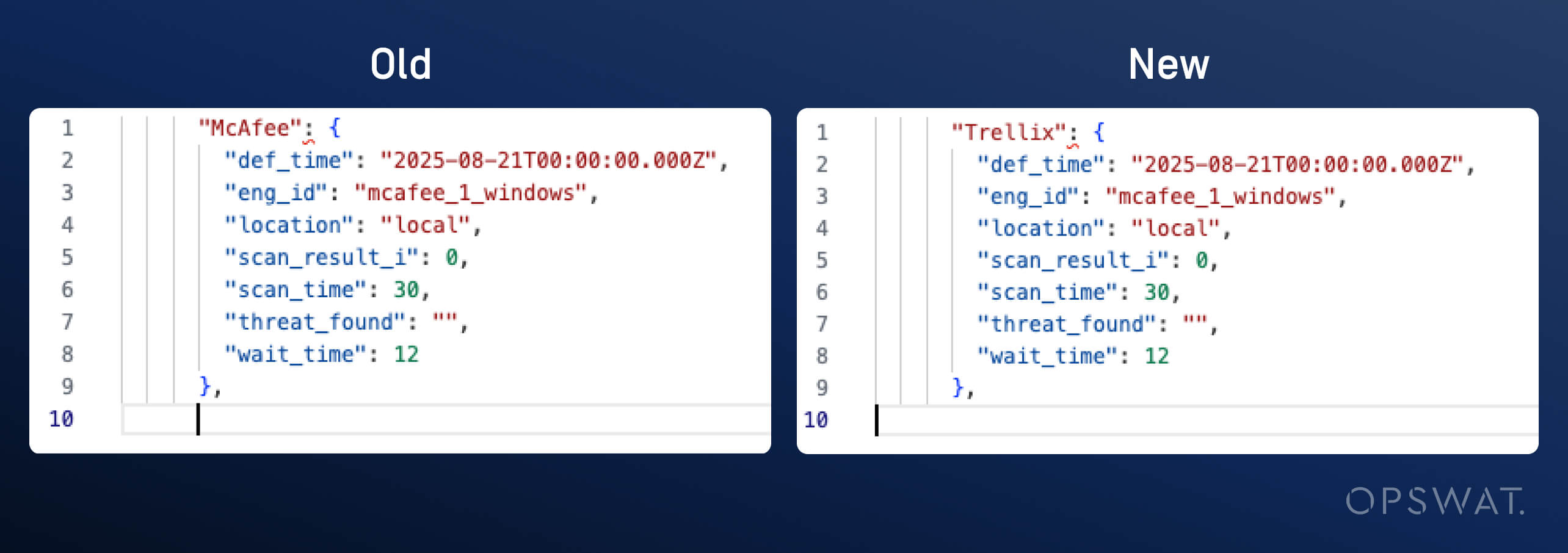 Side-by-side JSON output showing Metascan Multiscanning anti-malware vendor name update from McAfee to Trellix
