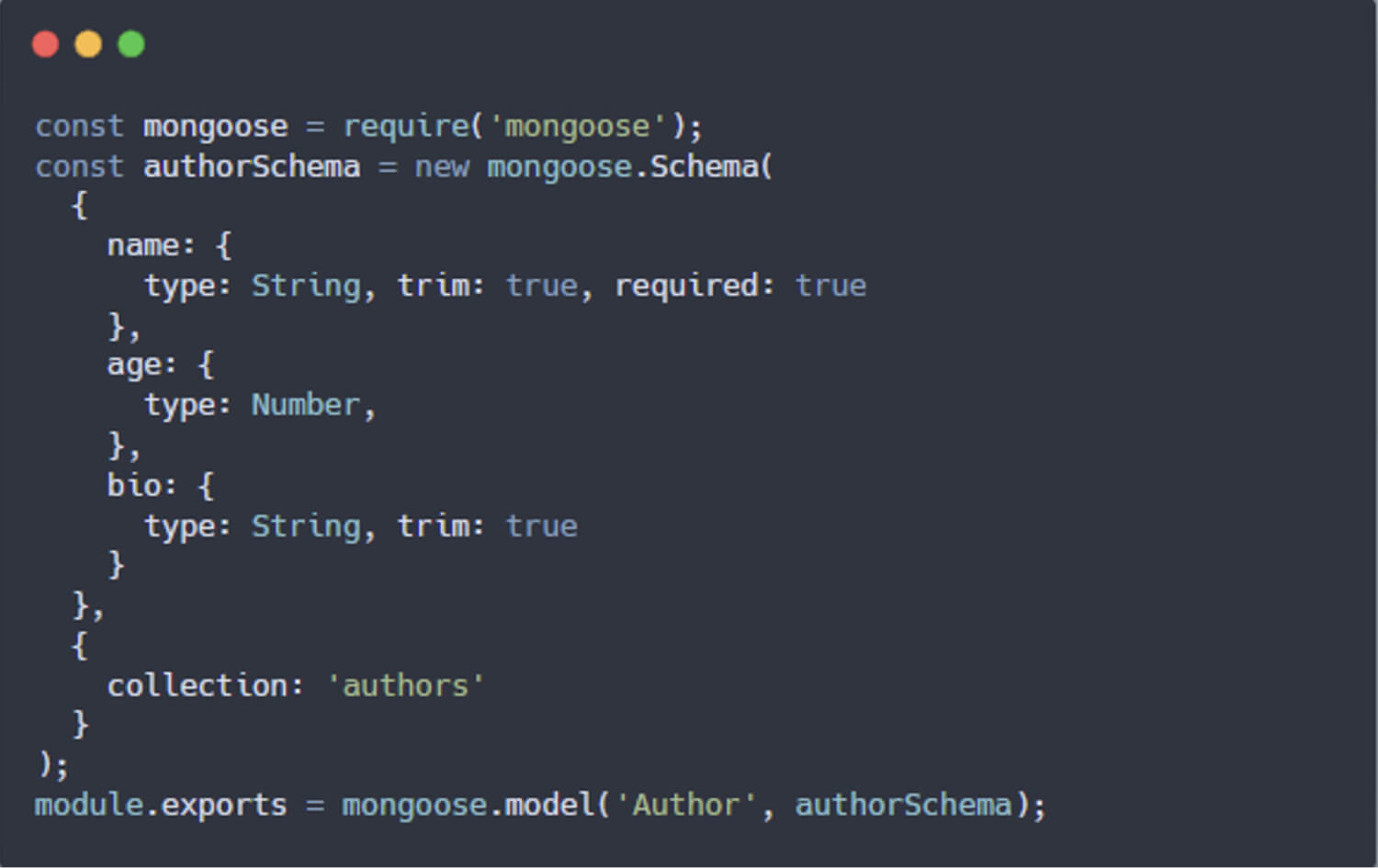 为作者定义 Mongoose 模式的 JavaScript 代码,包含姓名、年龄和简历字段