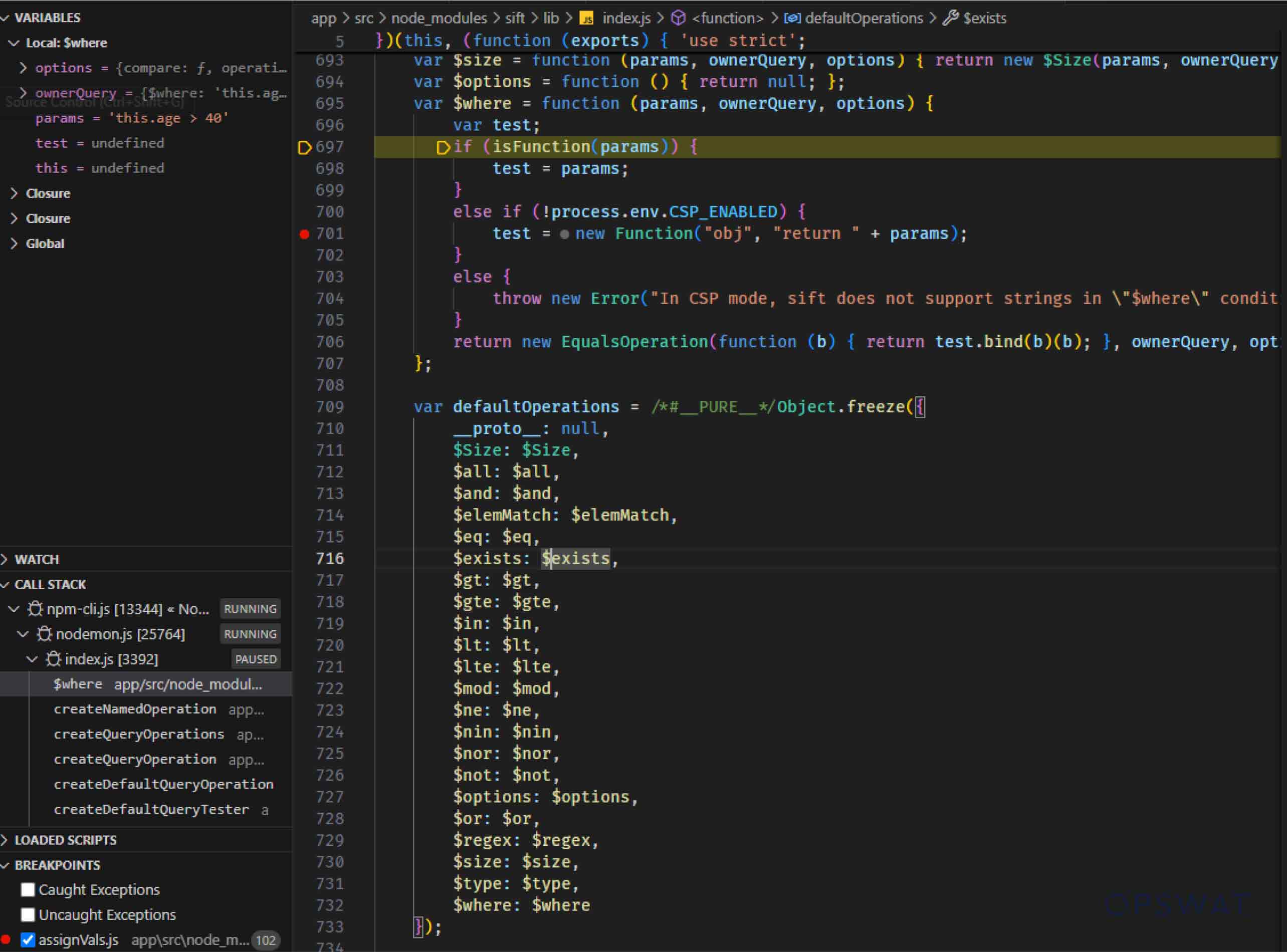 显示 $where、$eq 和 $exists 等查询操作符的 JavaScript 调试会话