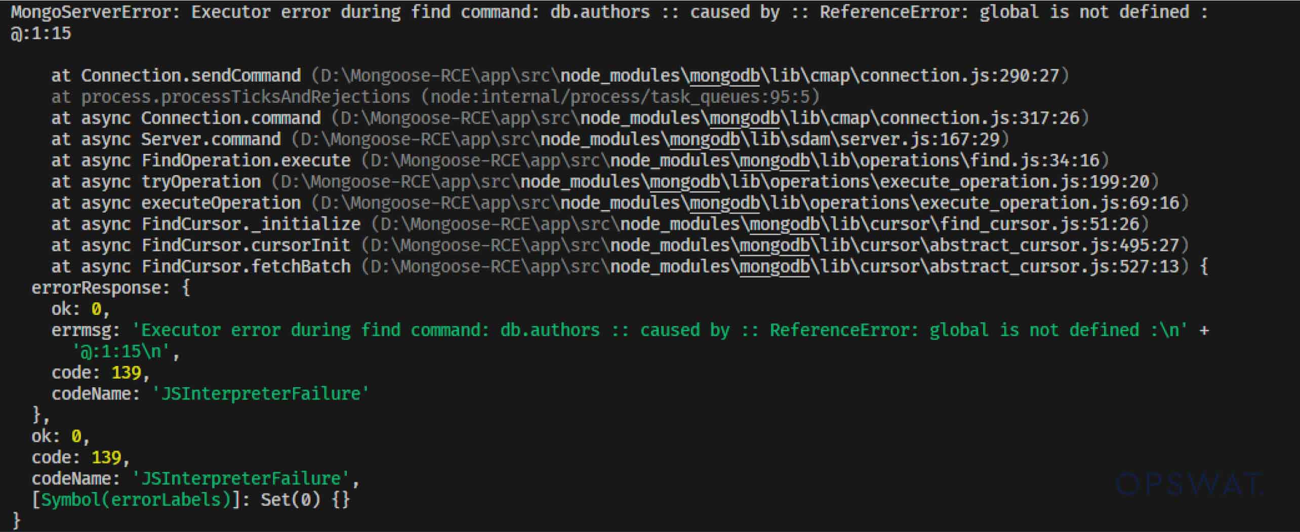 MongoDB 错误日志显示由于未定义的全局引用导致服务器执行失败