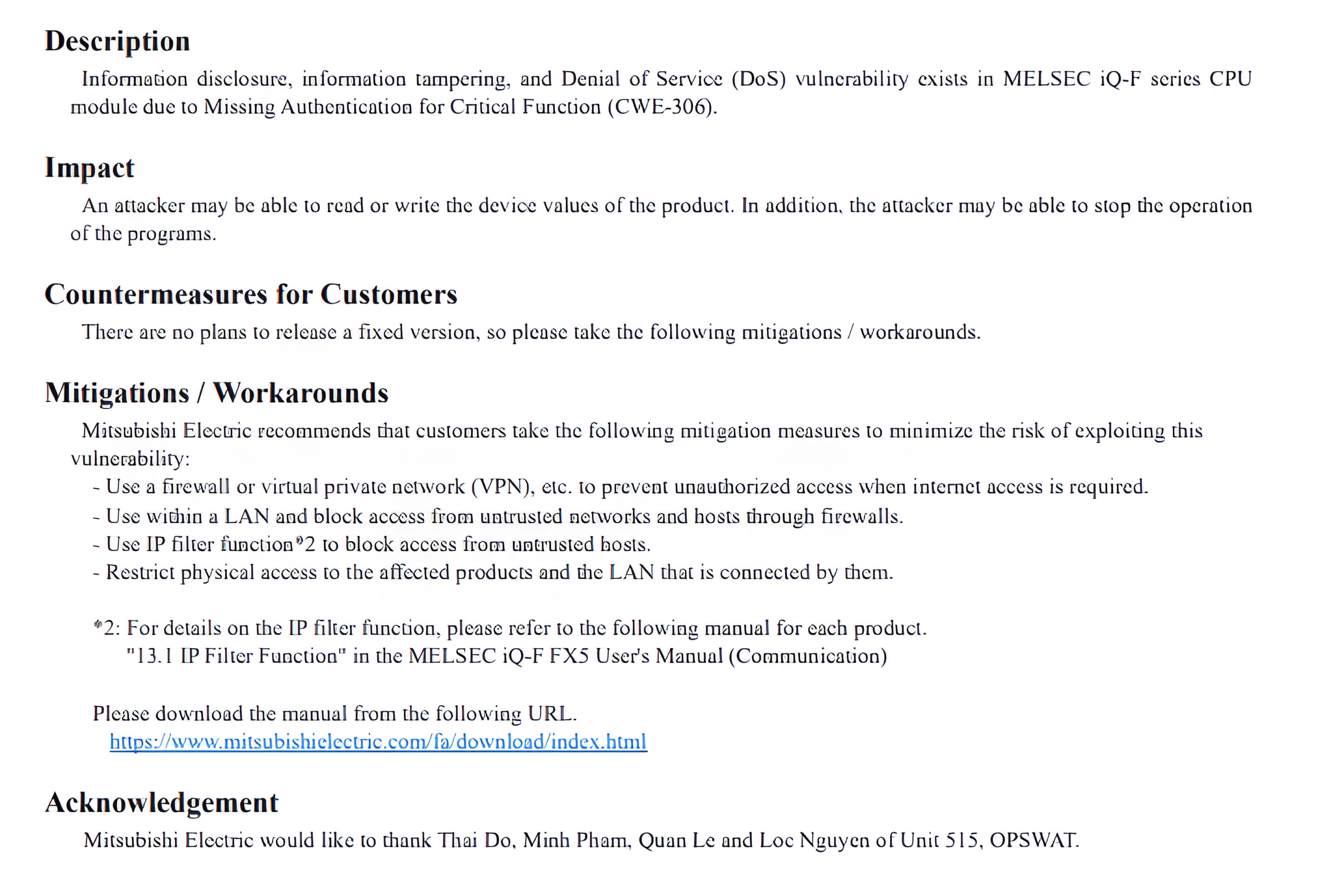 Screenshot detailing Mitsubishi MELSEC iQ-F Series PLC vulnerabilities, impacts, and mitigation steps for multiple CVEs