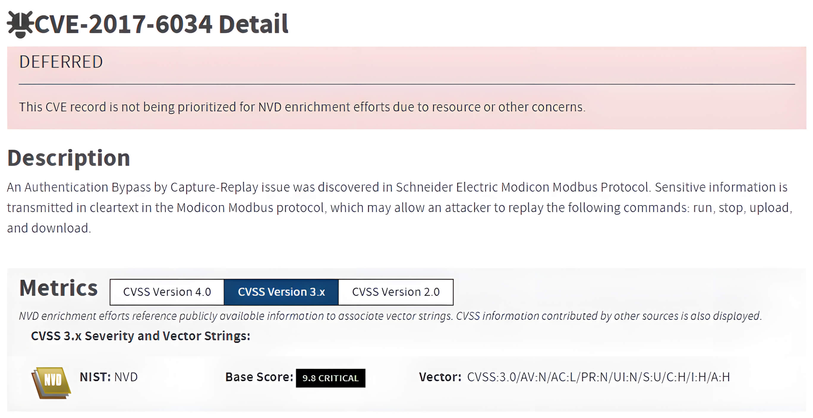 UI screenshot showing CVE-2017-6034 Modbus TCP vulnerability