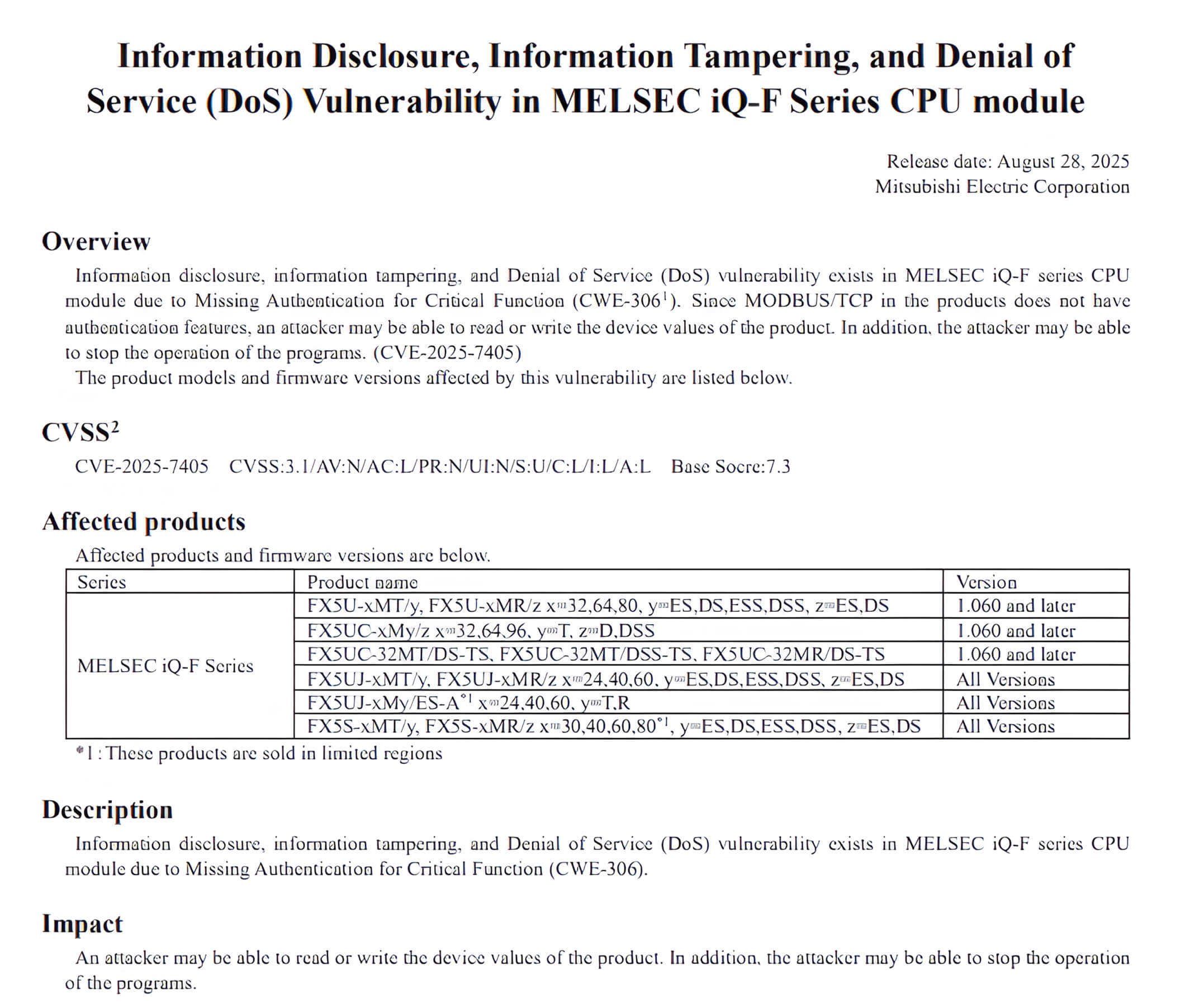 Security advisory graphic detailing Mitsubishi MELSEC iQ-F Series PLC vulnerabilities including CVE-2025-7405