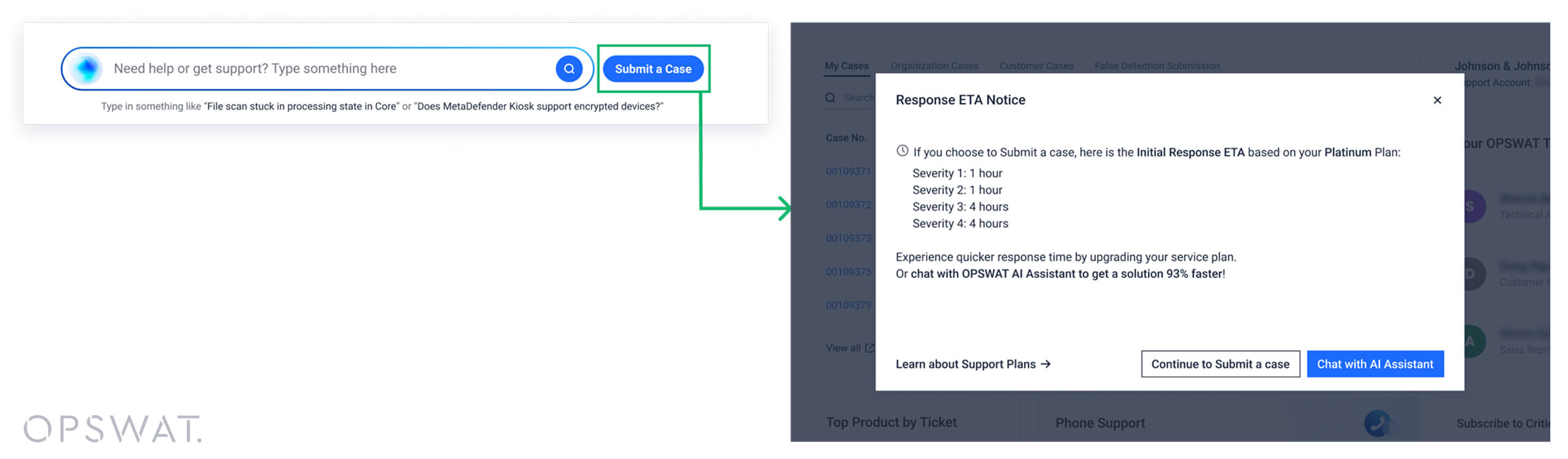 Screenshot der Funktion zur Einreichung von Support-Fällen im OPSWAT mit Angabe der voraussichtlichen Reaktionszeiten für mehr Transparenz beim Support