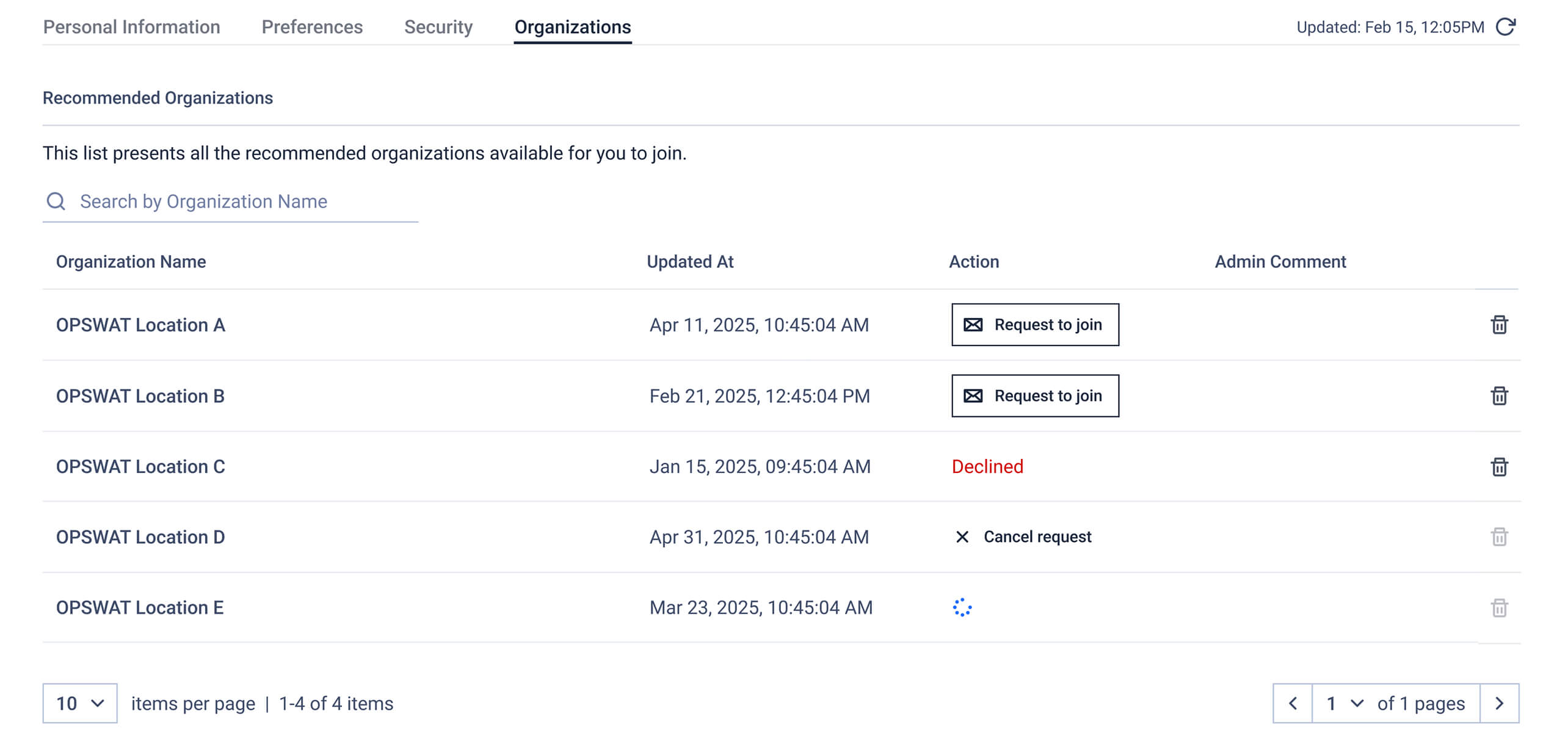 Captură de ecran a interfeței de utilizator care prezintă setările de verificare a domeniului de e-mail al organizației My OPSWAT Portal și opțiunile de solicitare a accesului