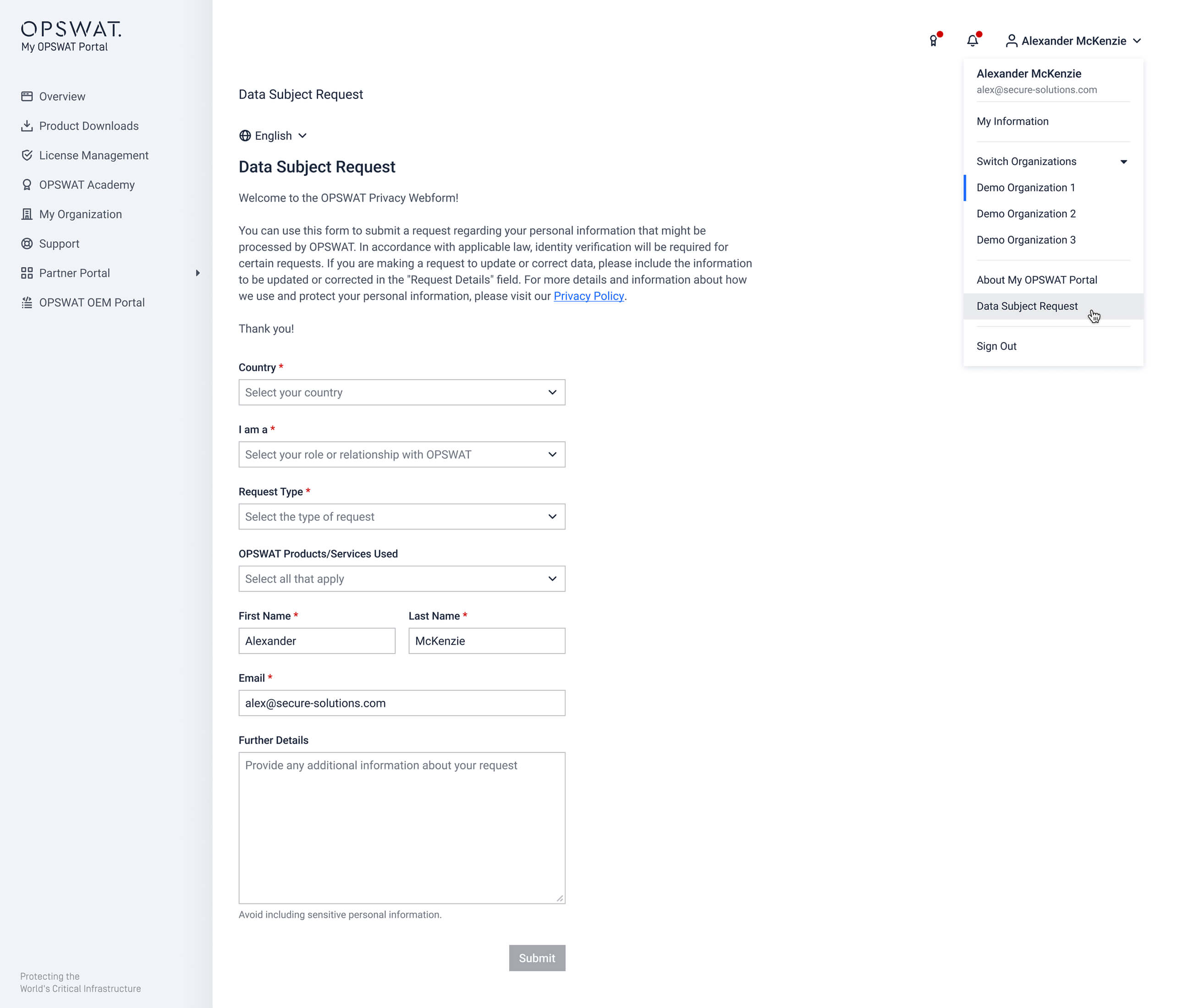 My OPSWAT Portal v2025.3.4 Data Subject Request form with fields for country, role, request type, and contact details