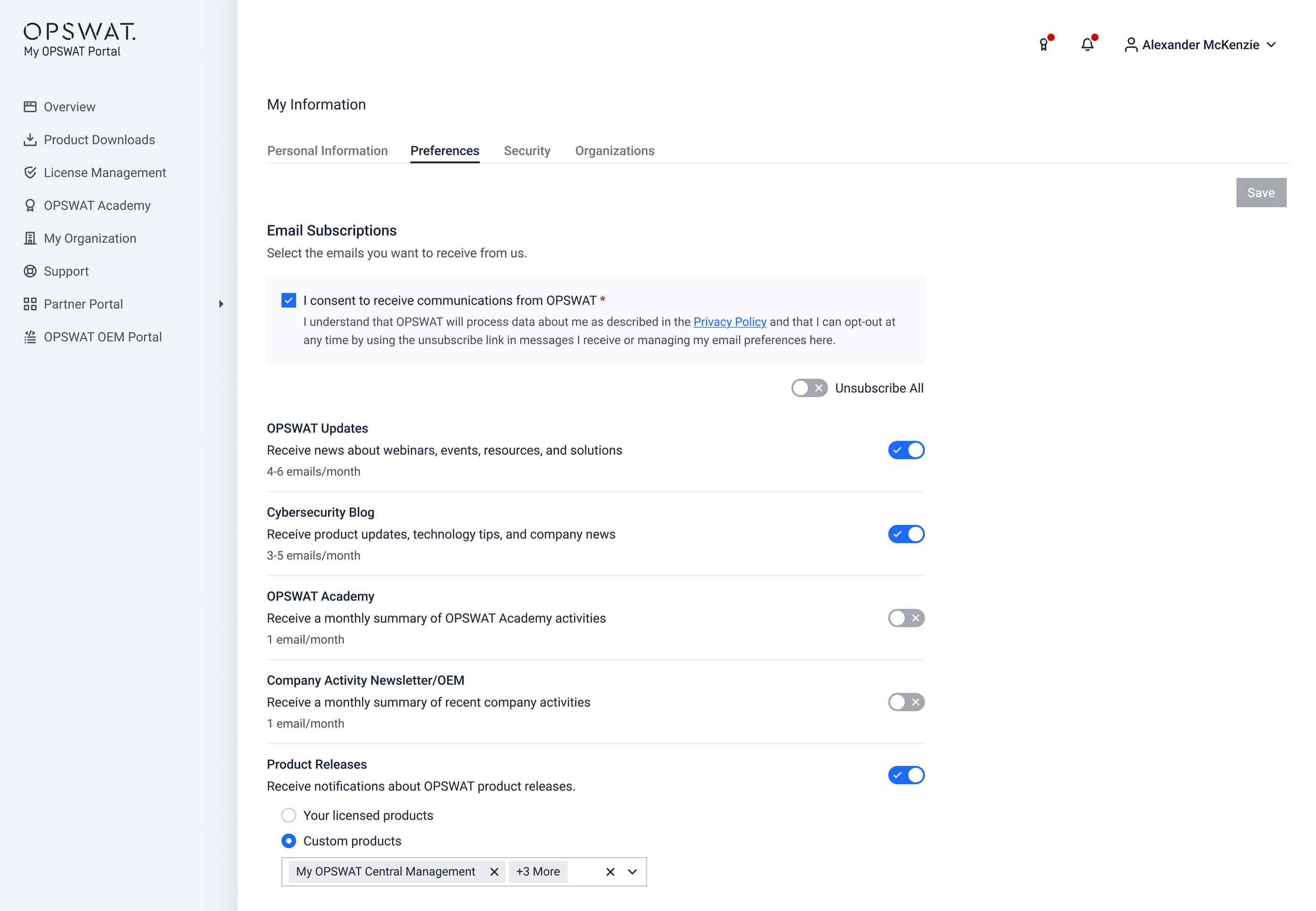 My OPSWAT Portal v2025.3.4 preferences page showing email subscription options and feature highlights for partners