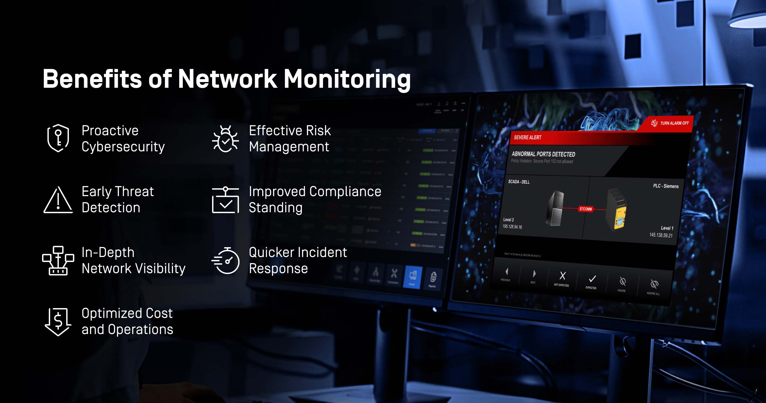 List of network monitoring benefits shown on a computer screen, including cybersecurity and early threat detection