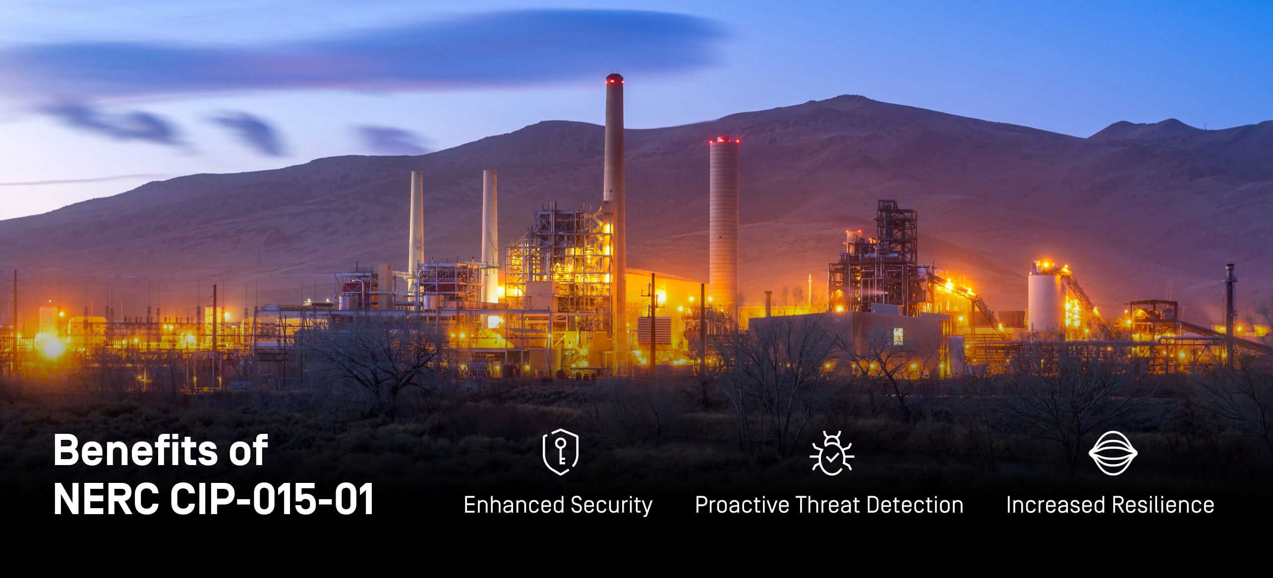 Industrial facility with a list of benefits like enhanced security, proactive threat detection, and increased resilience