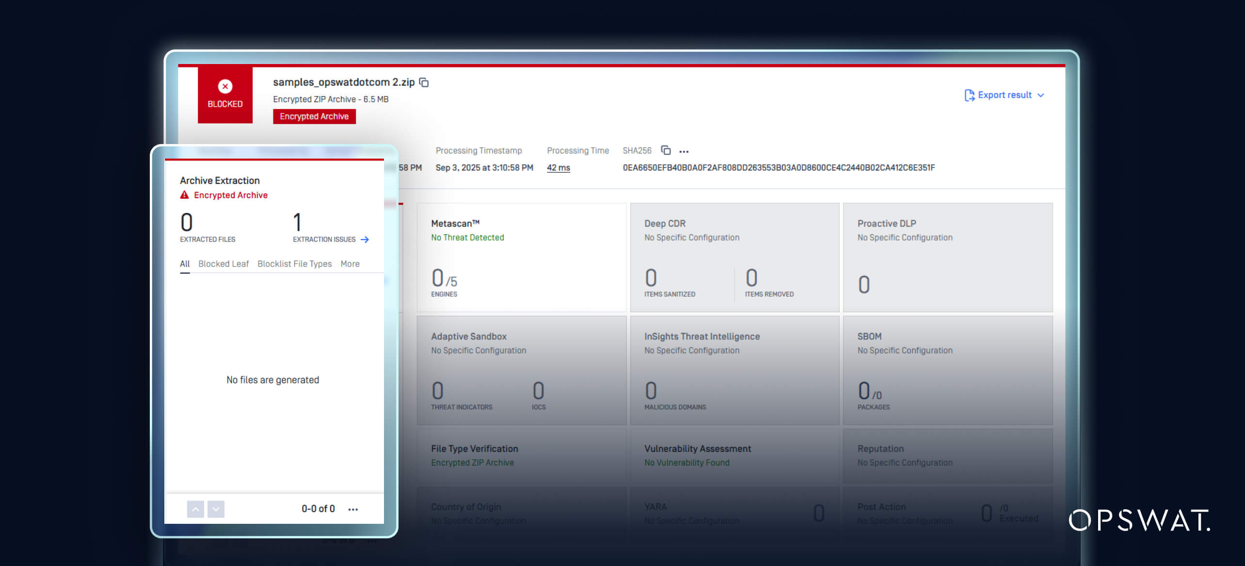 MetaDefender Core UI showing archive extraction blocked for encrypted ZIP, highlighting security update features