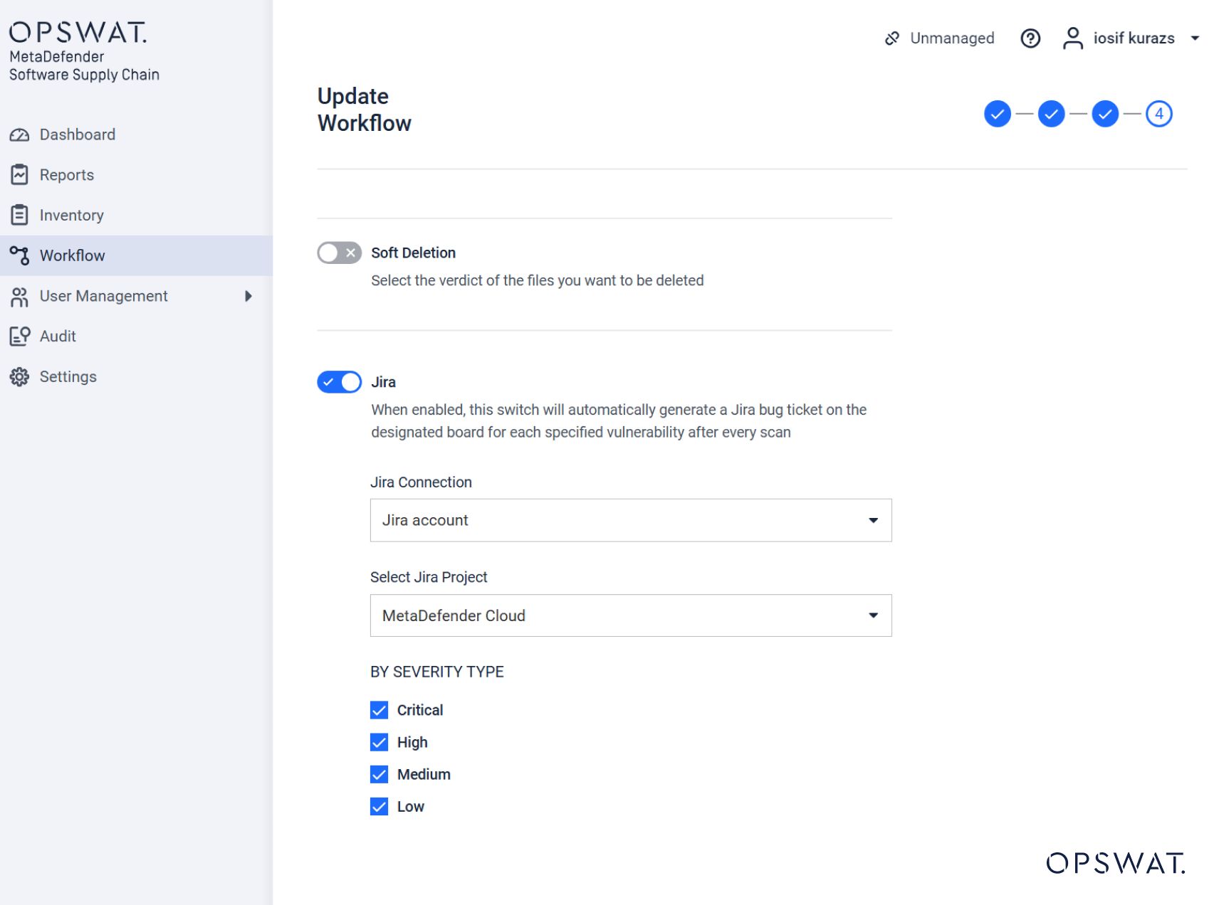 OPSWAT MetaDefender iş akışı güncelleme sayfasının Jira entegrasyonunu ve önem türü seçimini gösteren ekran görüntüsü